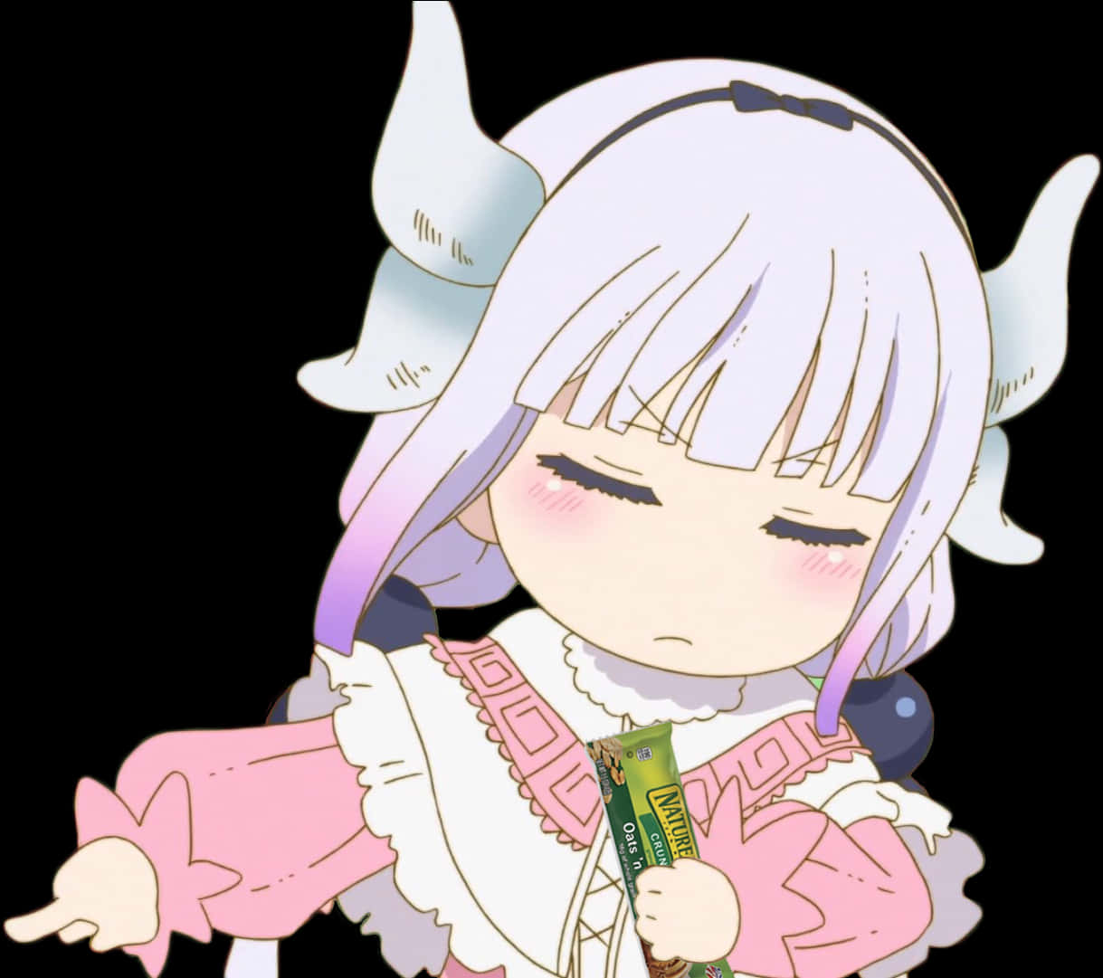 Kanna 桌布 壁紙 — 一個有白色角和紫色頭髮的Q版動漫女孩，在黑色背景前拿著一條綠色零食棒。
