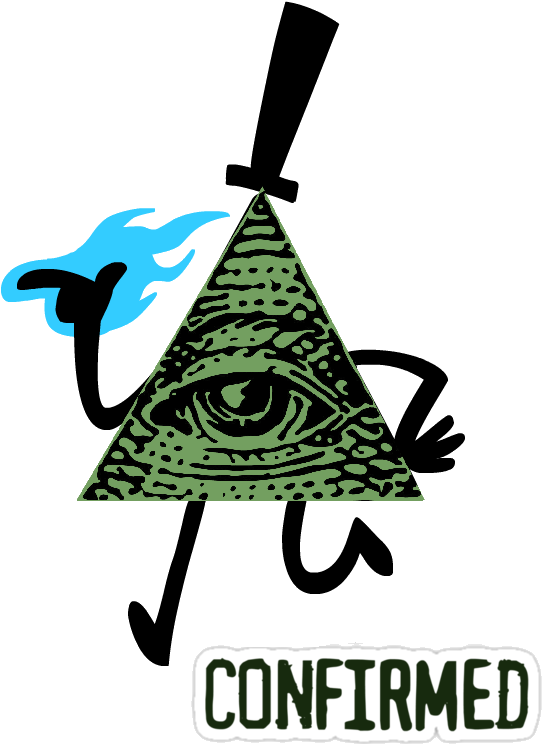 illuminati 桌布 壁紙 — 一個有眼睛和藍色火焰的綠色金字塔，用胳膊、腿和高頂帽在「CONFIRMED」文字下奔跑。