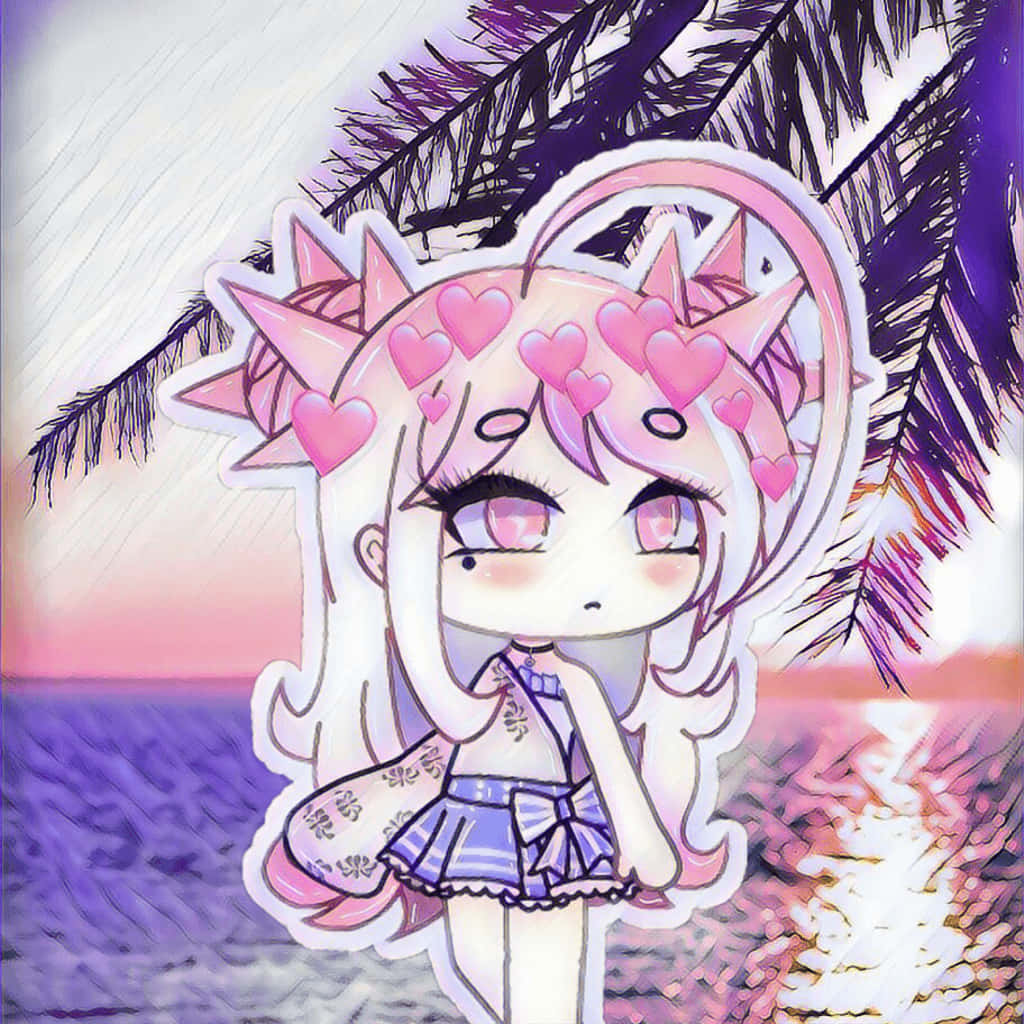 Gacha Life 桌布 壁紙 — 一個有粉紅色心形和尖刺頭髮的Q版動漫女孩站在紫色海灘日落下的棕櫚葉下。