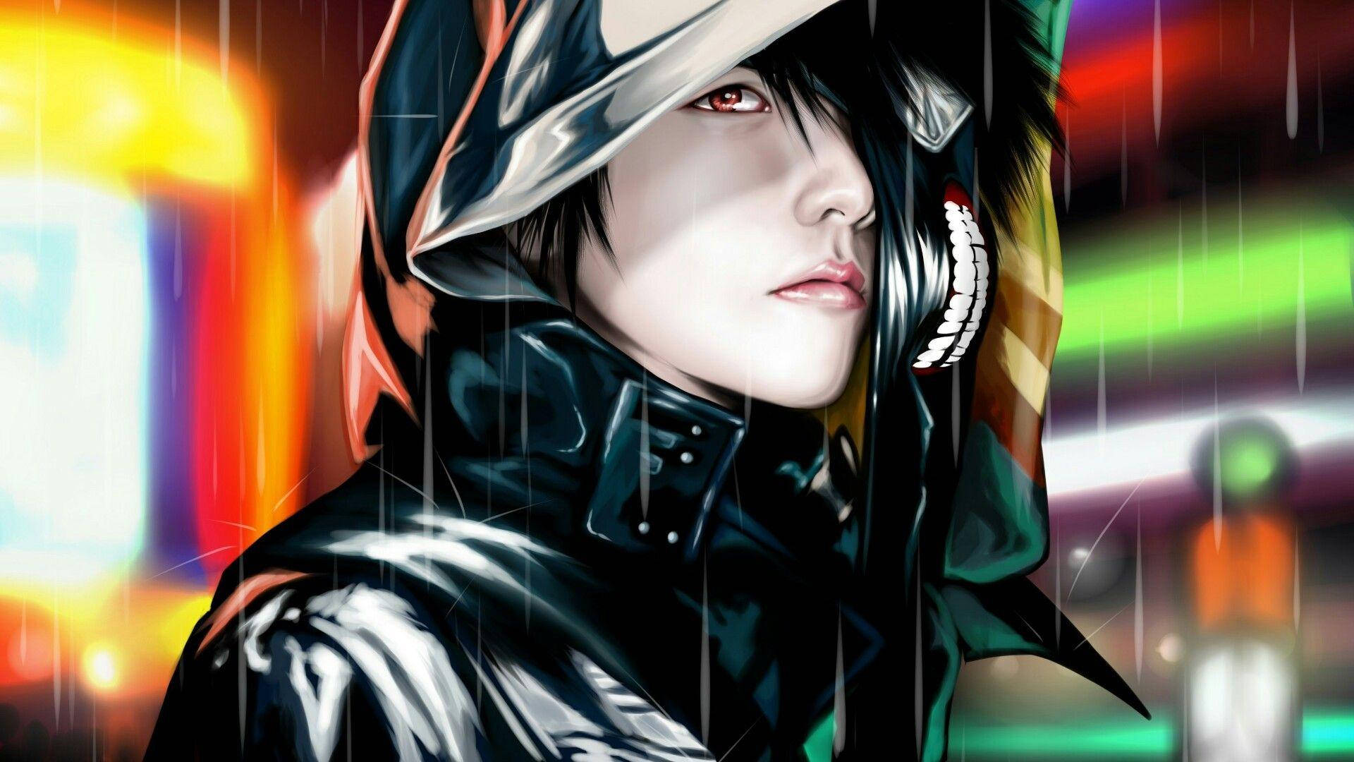 動漫男孩 桌布 壁紙 — 一個有紅眼睛和連帽外套的賽博龐克動漫角色站在霓虹燈下的雨中。