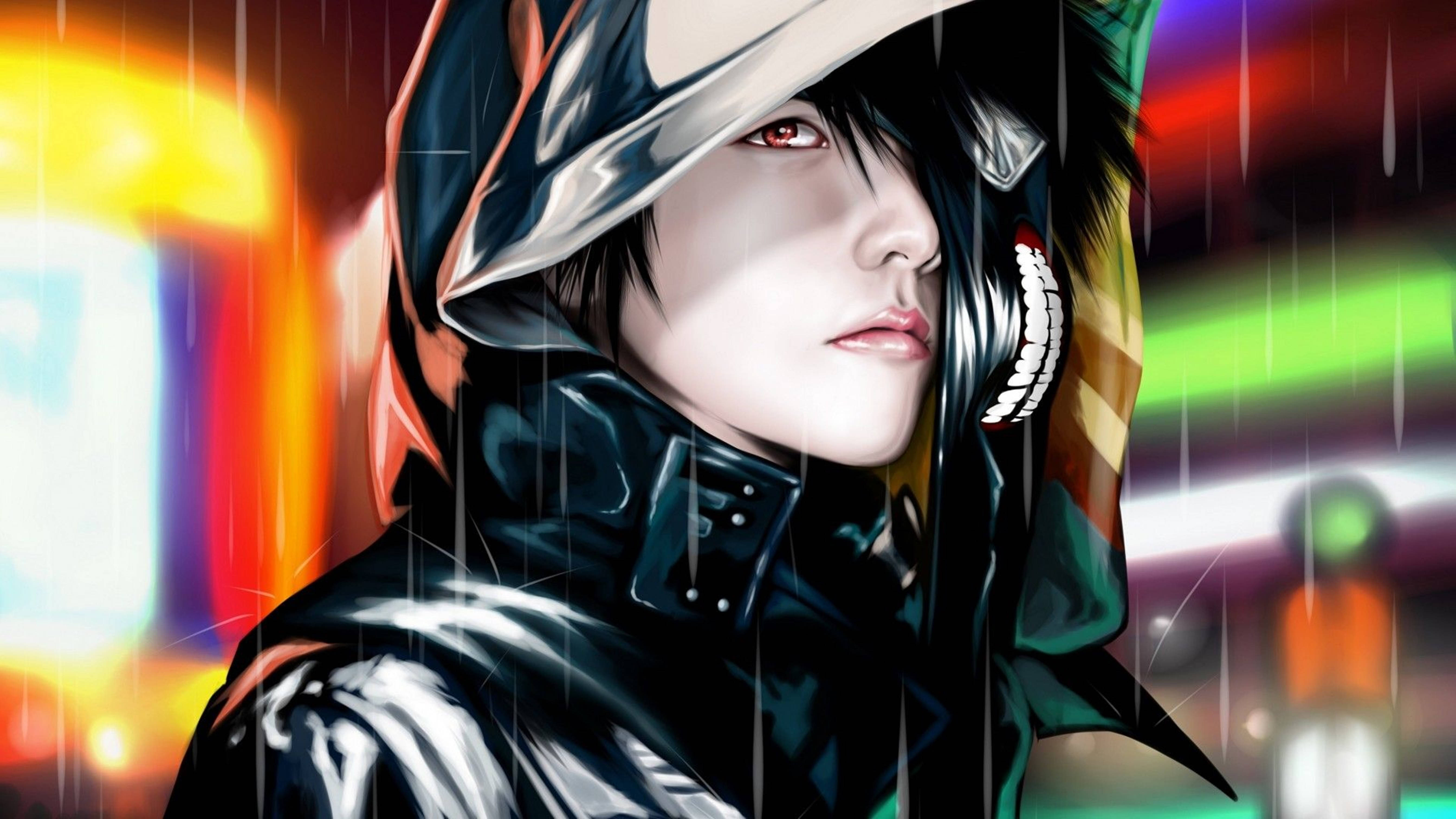 Ken Kaneki 桌布 壁紙 — 一個有紅眼睛和連帽外套的賽博龐克動漫角色站在霓虹燈下的雨中。