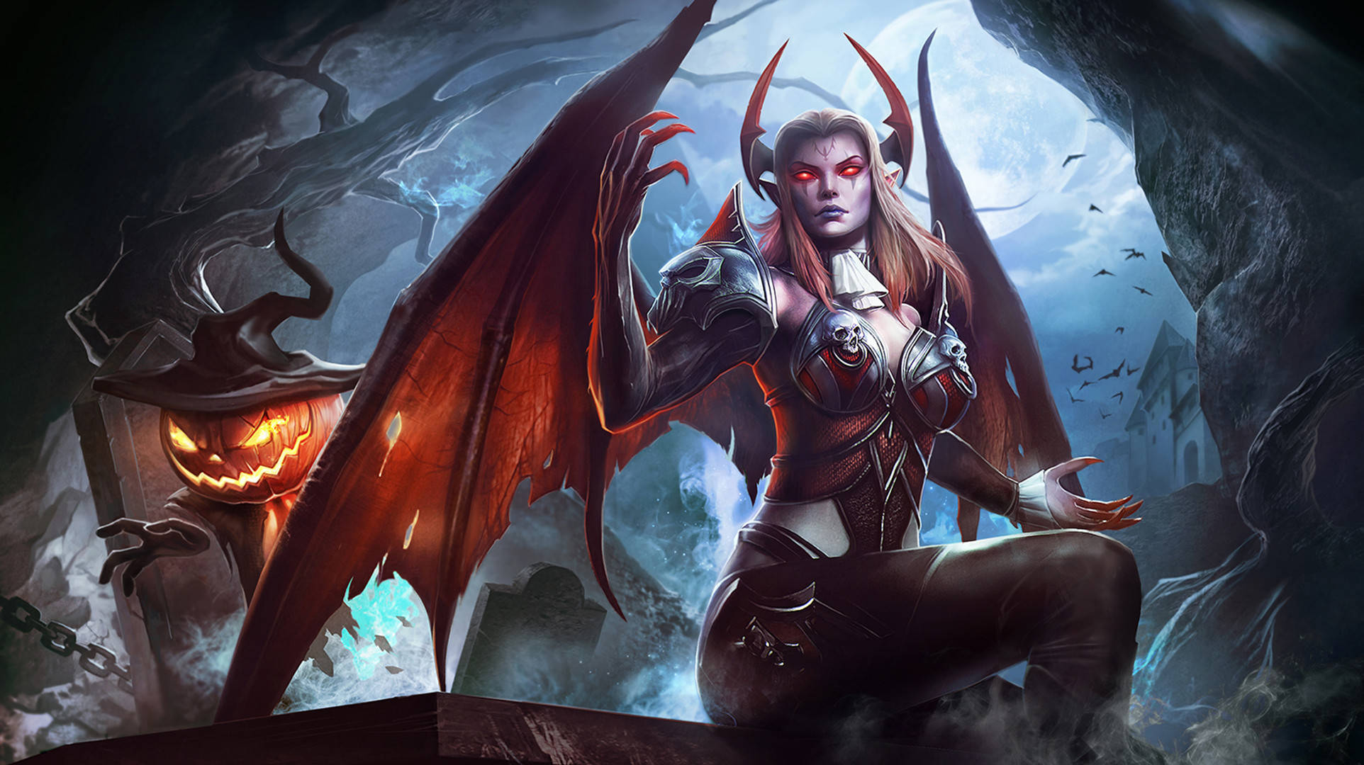 Succubus 桌布 壁紙 — 一個有紅色翅膀和角的惡魔女性形象坐在滿月下的鬧鬼墓地的墓碑上。