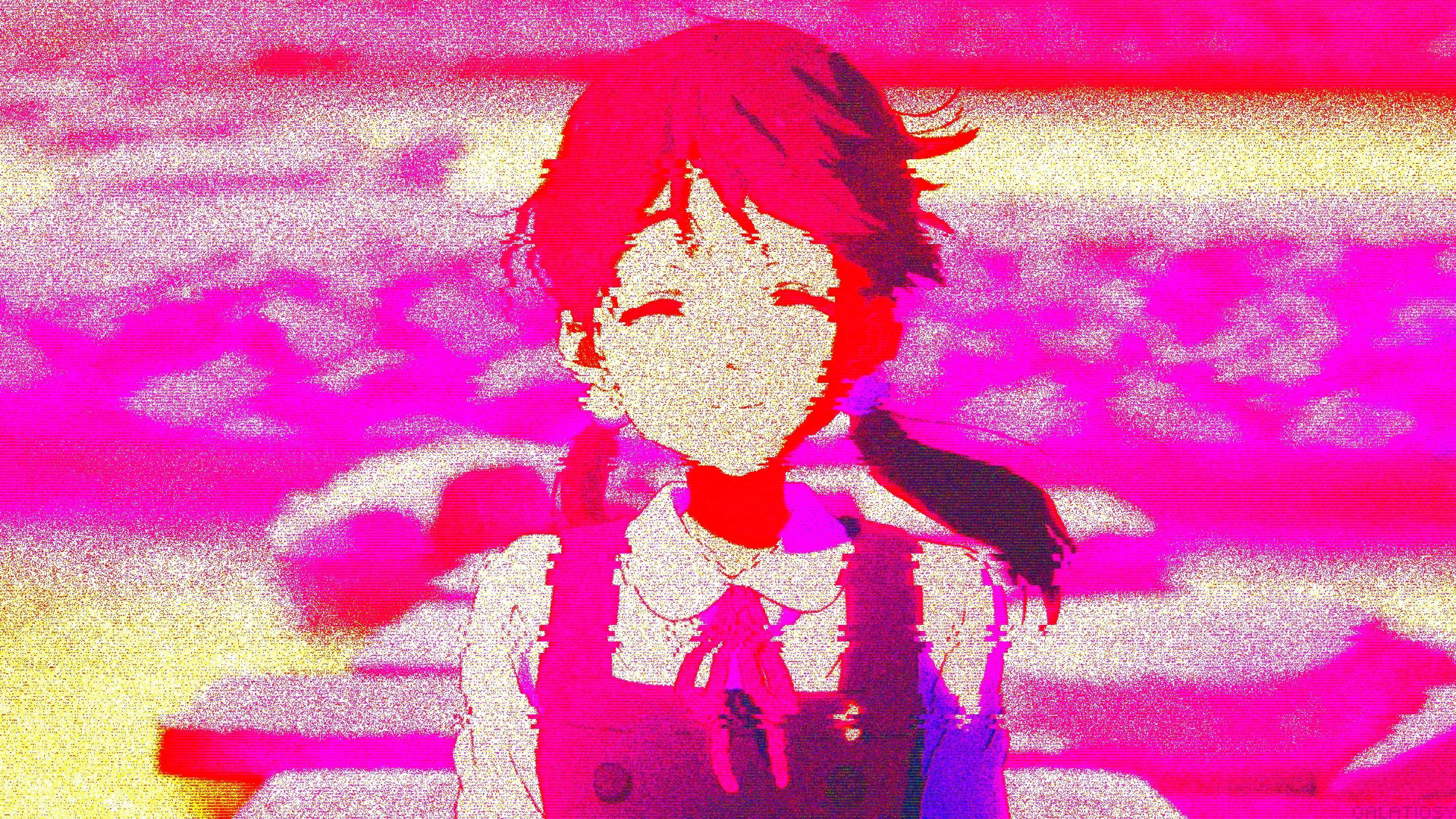 Anime Girl Aesthetic 桌布 壁紙 — 一個有紅頭髮和校服的 glitchy 動漫女孩在充滿活力的粉紅和黃色扭曲背景前微笑。