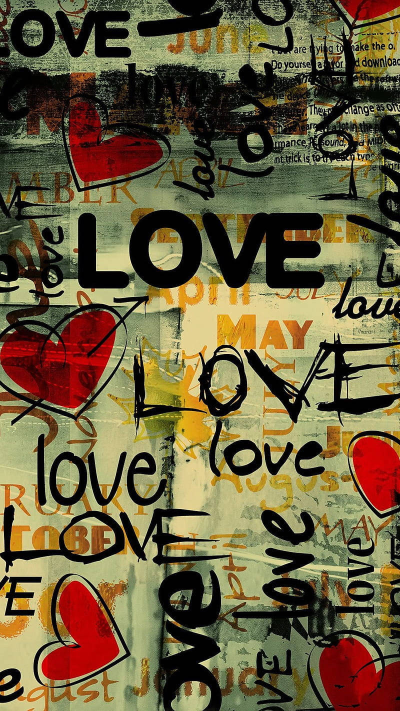 Love Phone 桌布 壁紙 — 一個有紋理的拼貼畫，由紅色心形和不同字體及大小的「愛」字組成，疊加在褪色的日曆月份上。