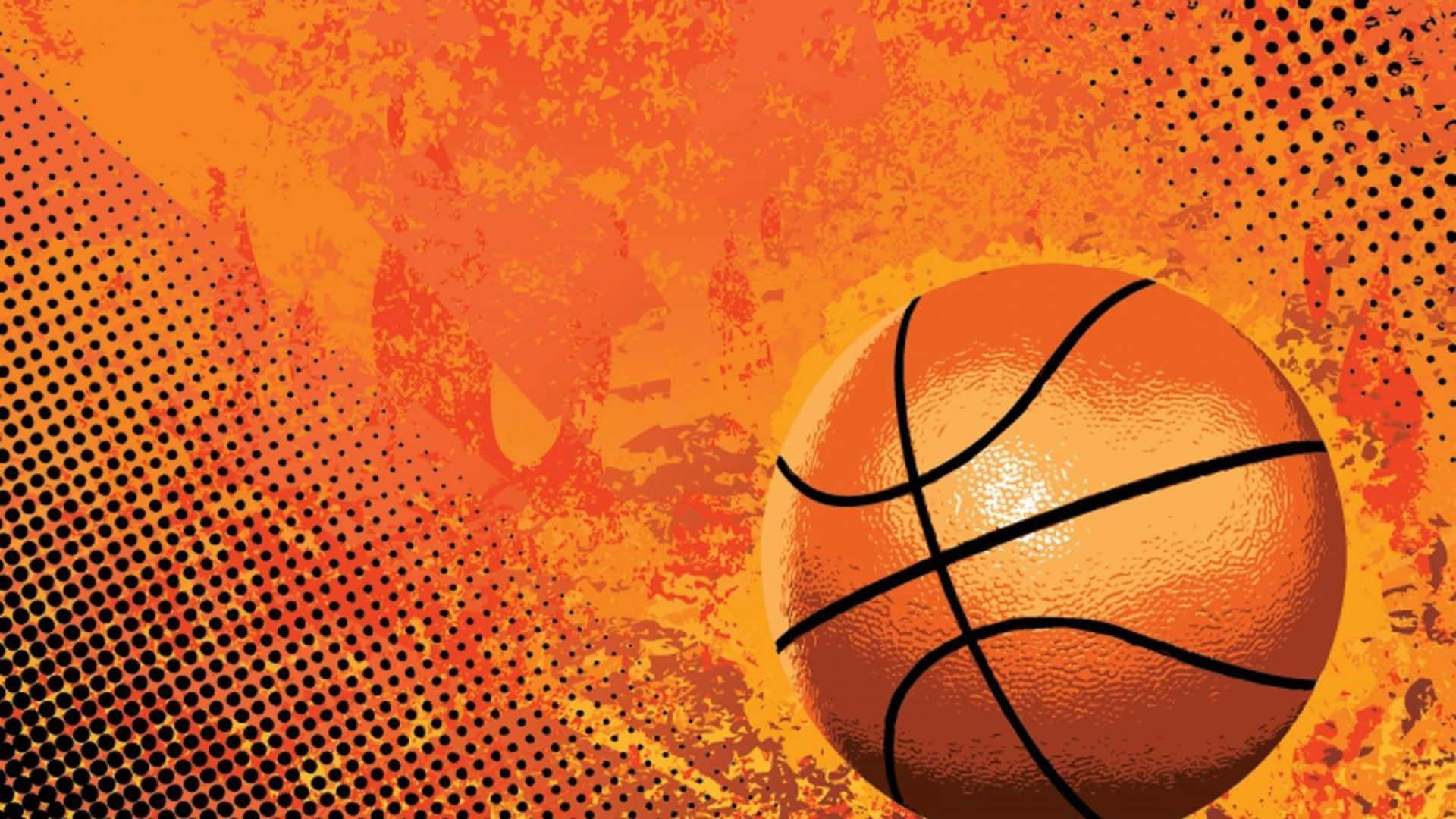 1080p Basketball 桌布 壁紙 — 一個有紋理的橙色籃球在熾熱的橙色和紅色半色調背景上發光，帶有飛濺效果。