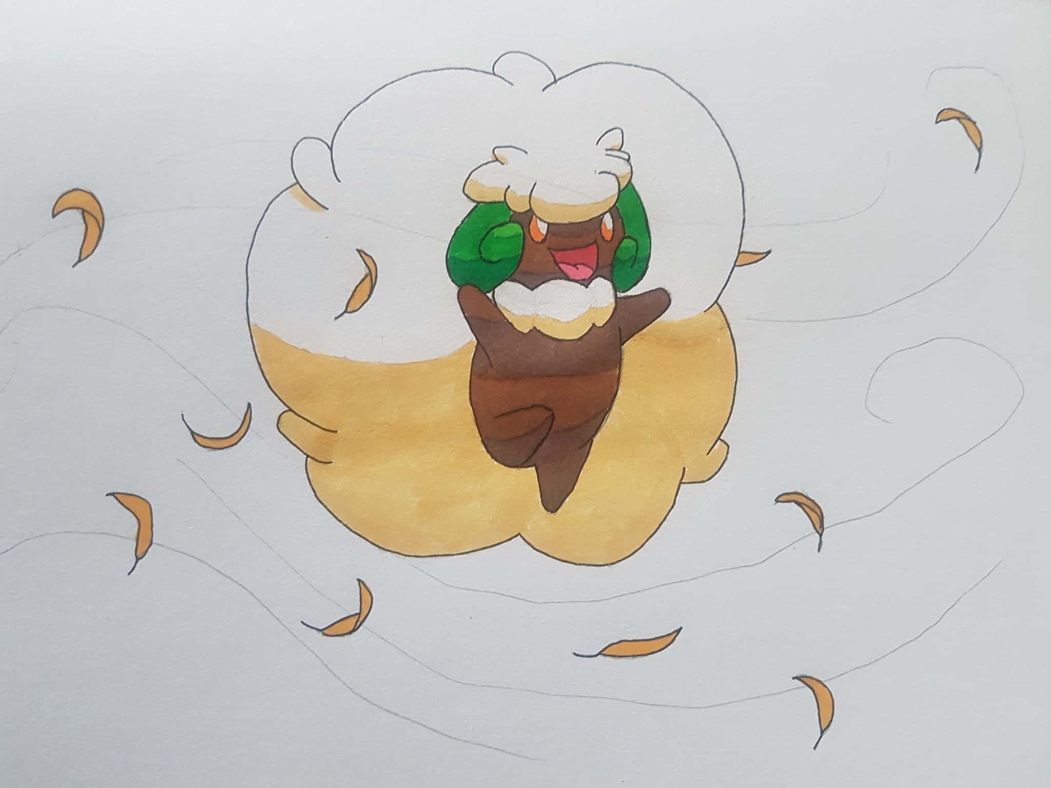 葉子 桌布 壁紙 — 一個有綠色耳朵和棕色身體的快樂卡通生物漂浮在雲中，周圍環繞著飄落的秋葉。