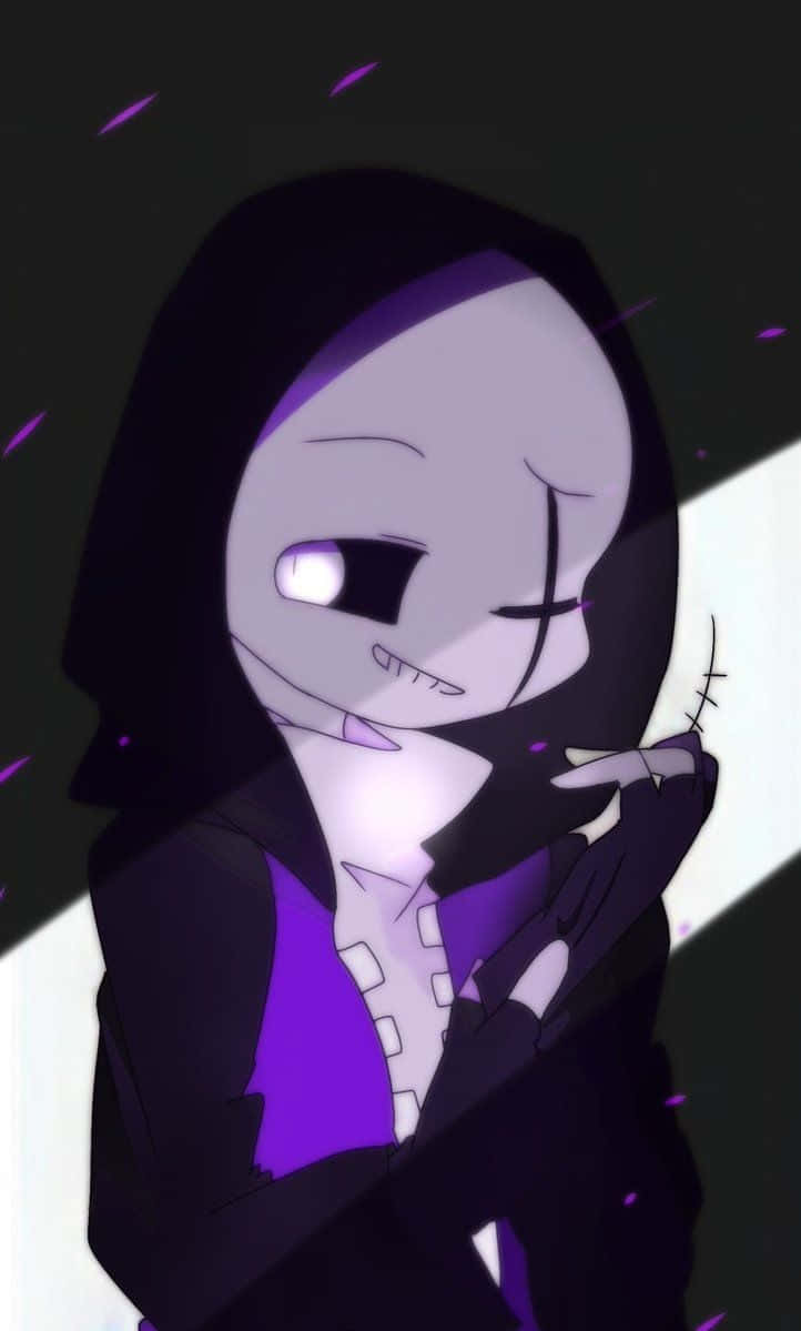 Sans 桌布 壁紙 — 一個有縫合臉和發光眼睛的Q版動漫角色，在黑暗背景下的紫色燈光中微笑。