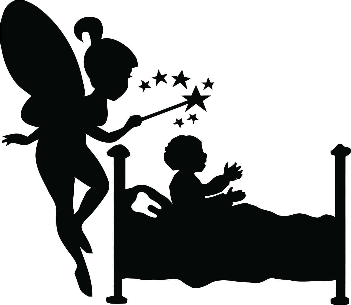 Tooth Fairy 桌布 壁紙 — 一個有翅膀的仙女黑色剪影，用魔杖向床上的孩子灑星星。