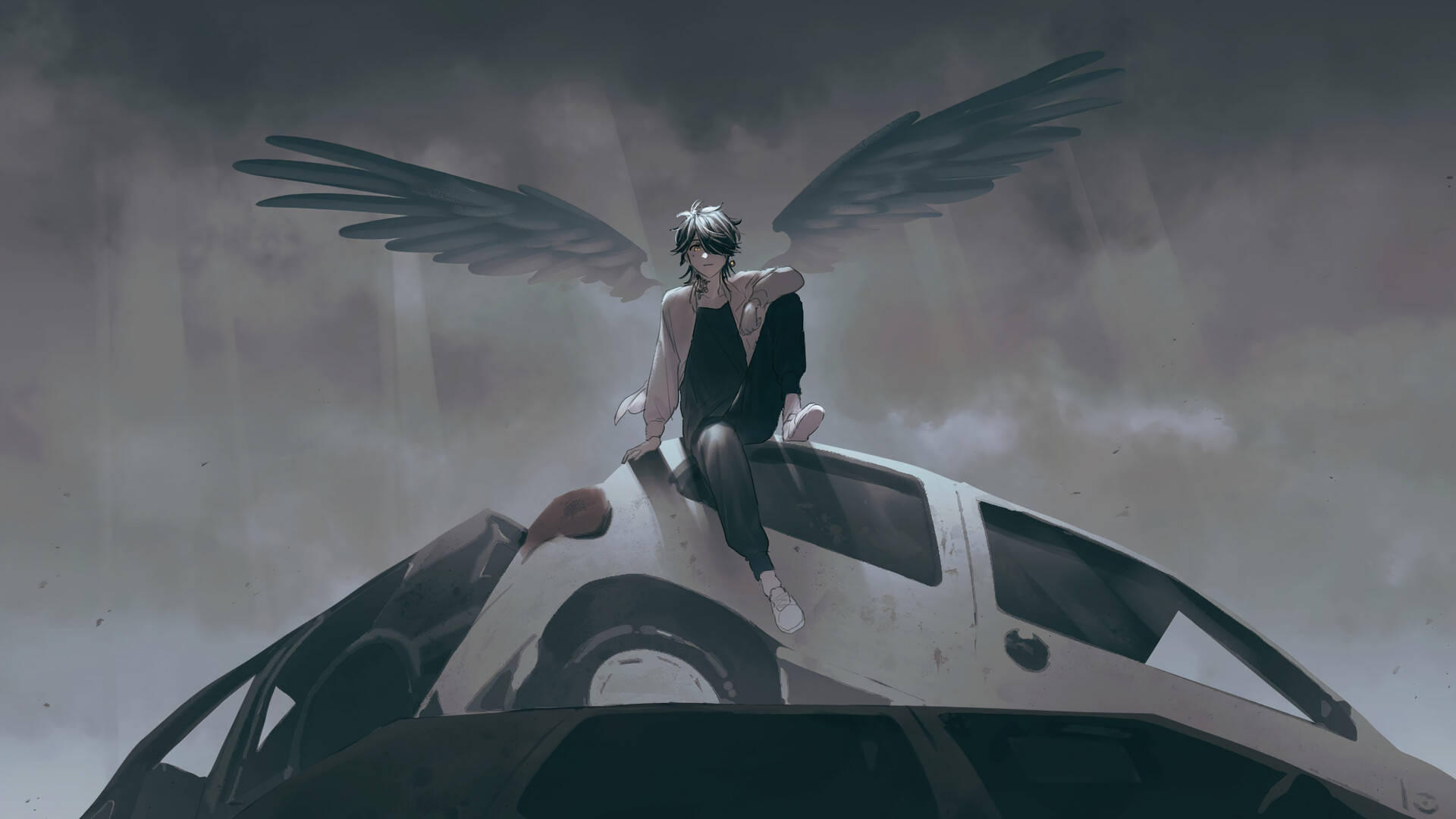 kazutora hanemiya 桌布 壁紙 — 一個有翅膀的動漫人物坐在一輛報廢的汽車上，天空灰暗，下著雨。