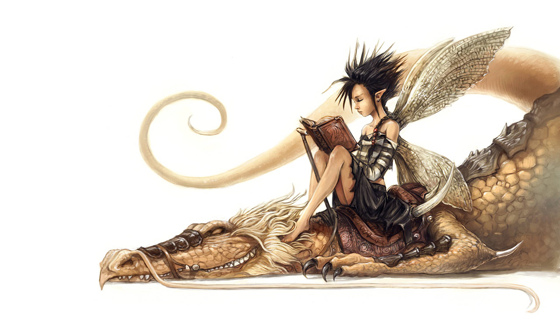 Fairy Grunge 桌布 壁紙 — 一個有翅膀的精靈，頭髮尖尖，坐在一條尾巴蜷曲的沉睡巨龍上閱讀一本書。