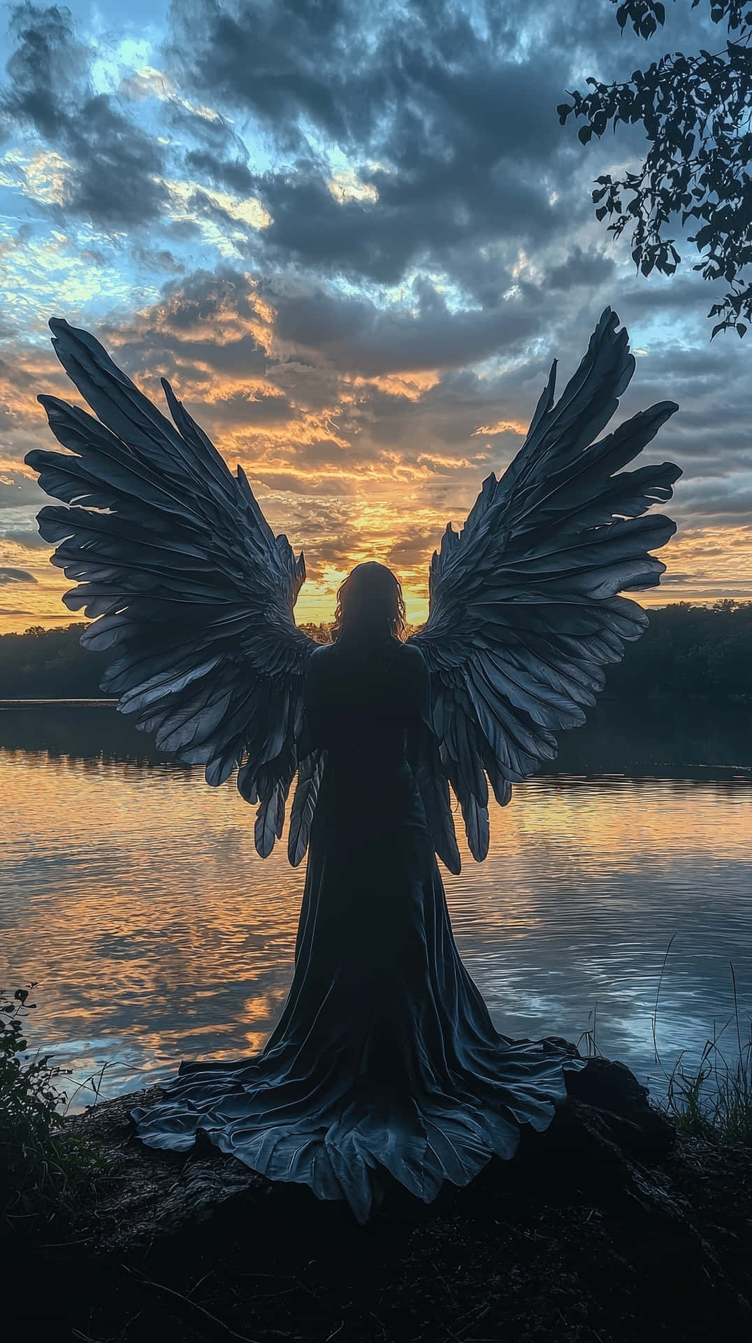 A mysterious dark-winged angel stands by a lake at sunset, silhouetted against a dramatic sky 壁紙 — 一個有翼天使雕像在平靜的湖面上，以火紅橙色的雲彩和戲劇性的日落為背景，呈現剪影。