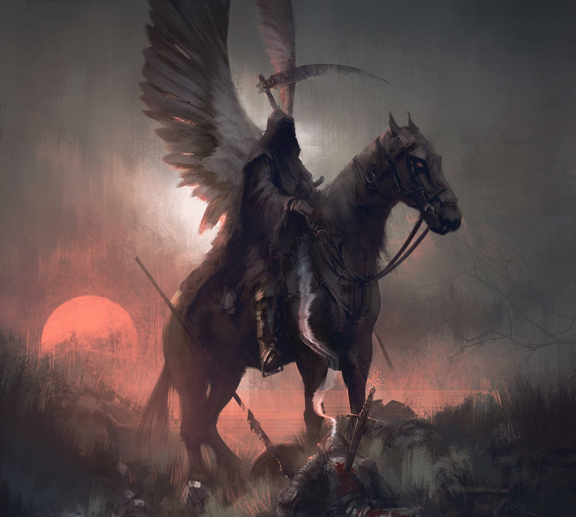 Black Angel Wings 桌布 壁紙 — 一個有翼死神騎著黑馬，在日落時分穿過霧氣瀰漫的田野，腳下有一個倒下的戰士。
