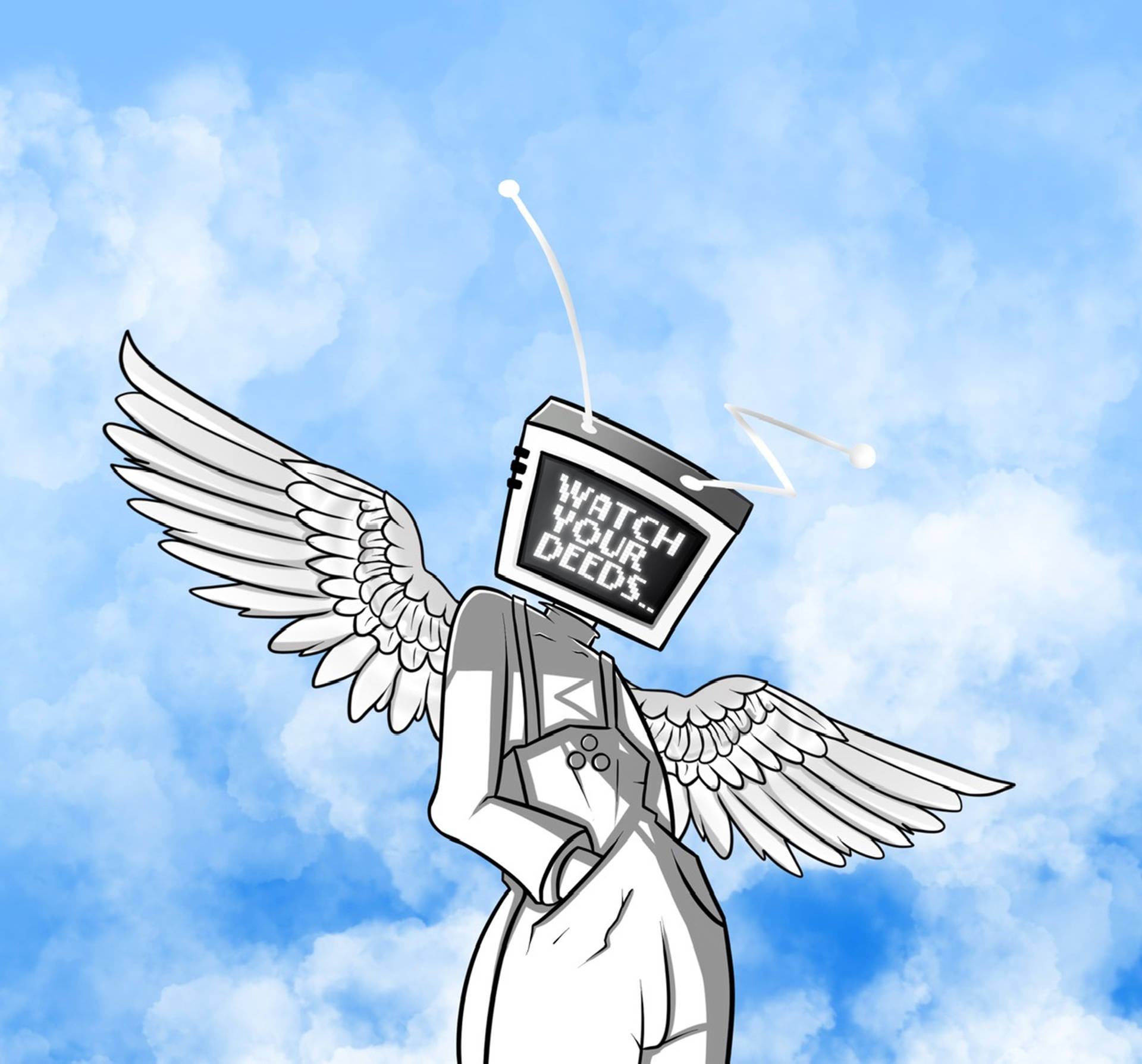 tv 桌布 壁紙 — 一個有翼的人物，頭部是電視機，在藍天白雲下顯示「WATCH YOUR DEEDS」。