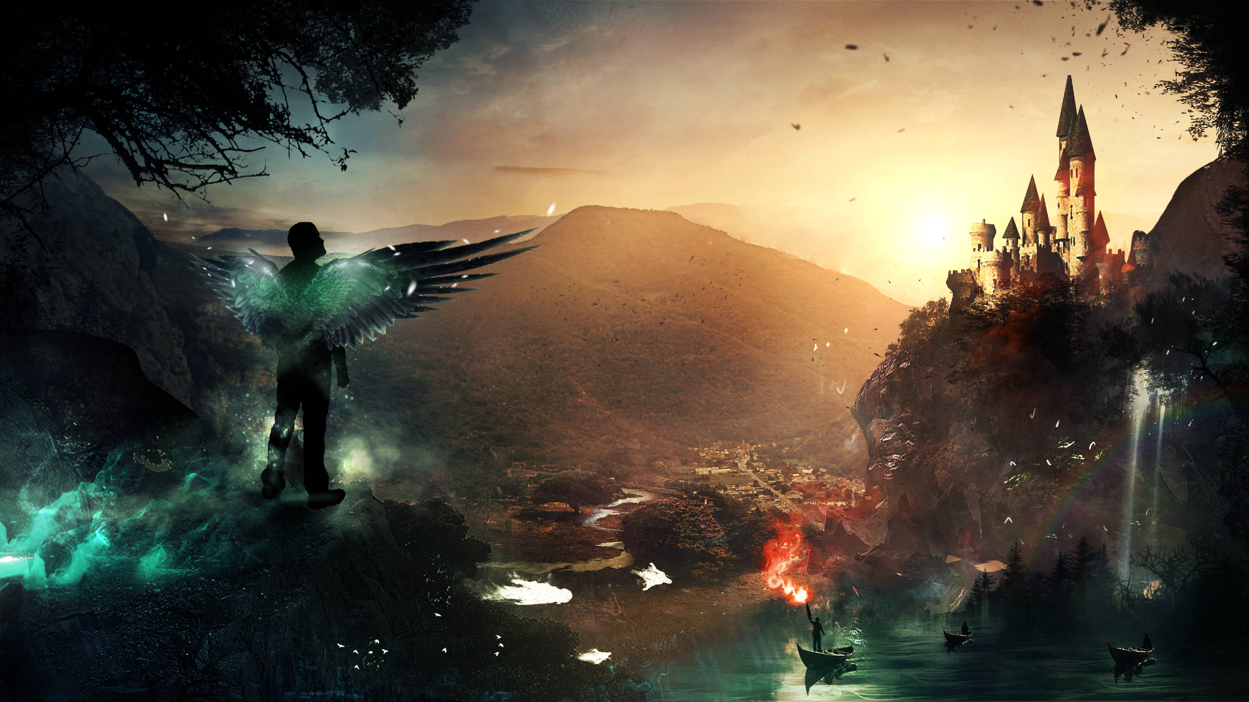 奇幻藝術 桌布 壁紙 — 一個有翼的人物站在懸崖上，俯瞰著一個神秘的山谷，遠處的山丘上有一座城堡，正值日落時分。