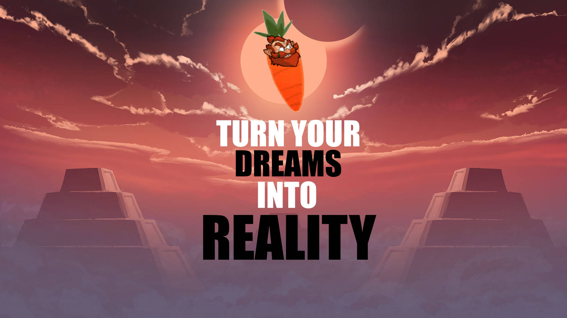 HD inspirational 桌布 壁紙 — 一個有臉的卡通紅蘿蔔漂浮在金字塔上方，背景是戲劇性的紅色日落天空，帶有粗體勵志文字。