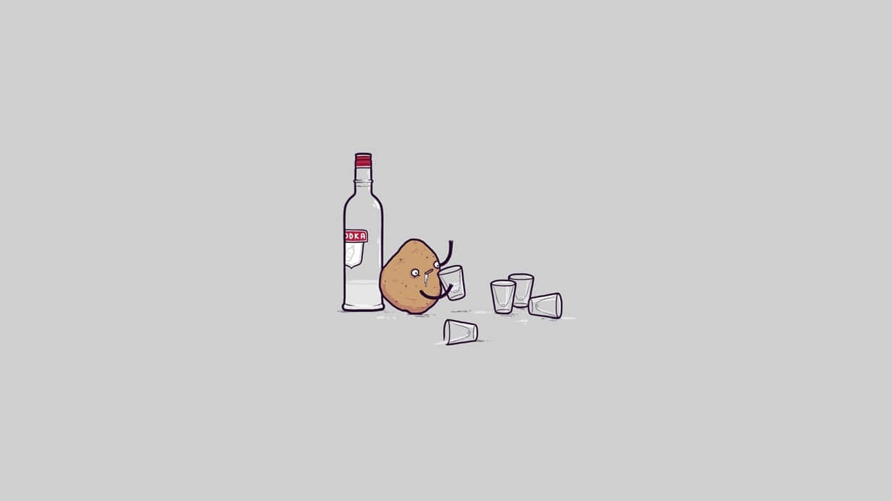 桌布 壁紙 — 一個有臉的卡通馬鈴薯拿著一個小酒杯，旁邊有一瓶伏特加和散落的杯子，背景是純灰色。