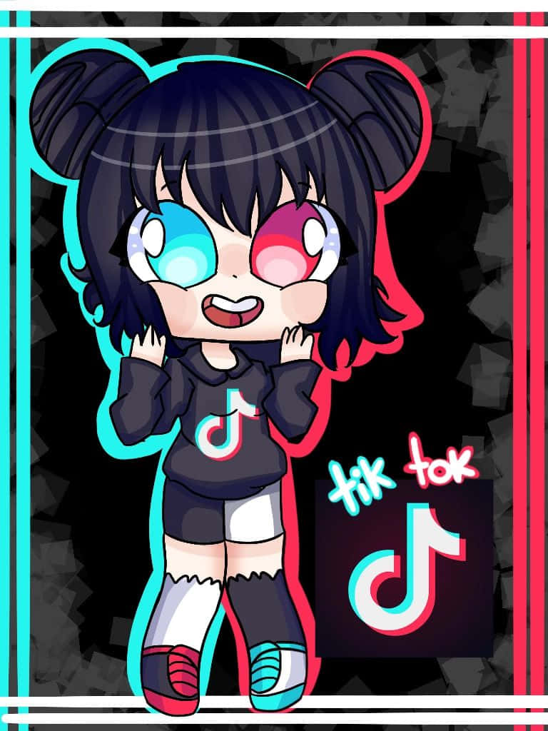 Gacha Life Funny 桌布 壁紙 — 一個有著不對稱發光眼睛和雙馬尾的Q版動漫女孩，在深色幾何背景前穿著TikTok連帽衫。