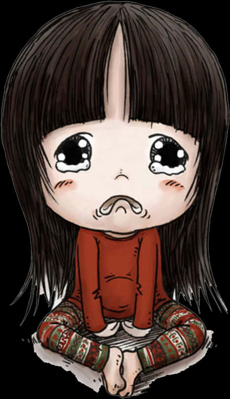 emo 桌布 壁紙 — 一個有著大眼睛、淚眼汪汪和鬍子的可愛動漫女孩，穿著紅色毛衣和圖案褲子盤腿而坐。