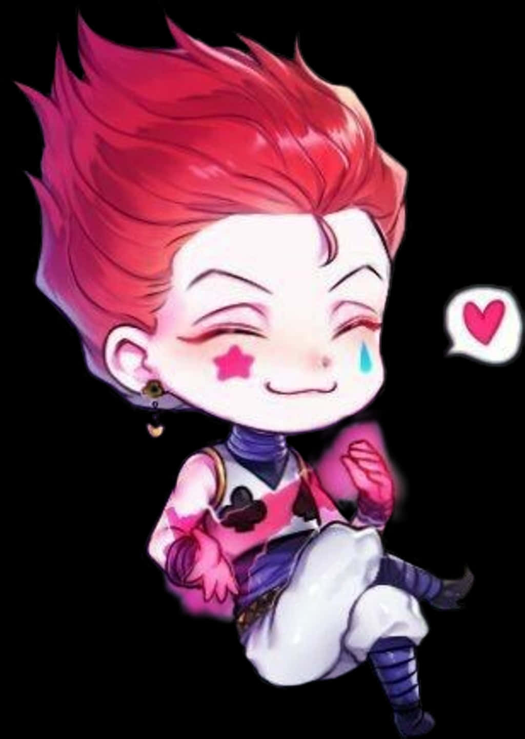 Anime Chibi 桌布 壁紙 — 一個有著尖刺紅髮和喜悅淚水的Q版動漫角色，在黑色背景上微笑，旁邊有一個漂浮的心形。