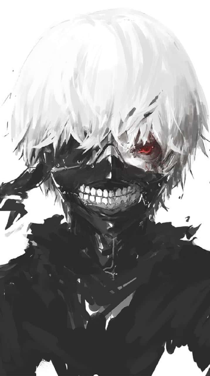 Kaneki Phone 桌布 壁紙 — 一個有著白髮、一隻發光紅眼和咧嘴露齒笑容的威脅性動漫角色，背景為純白色。