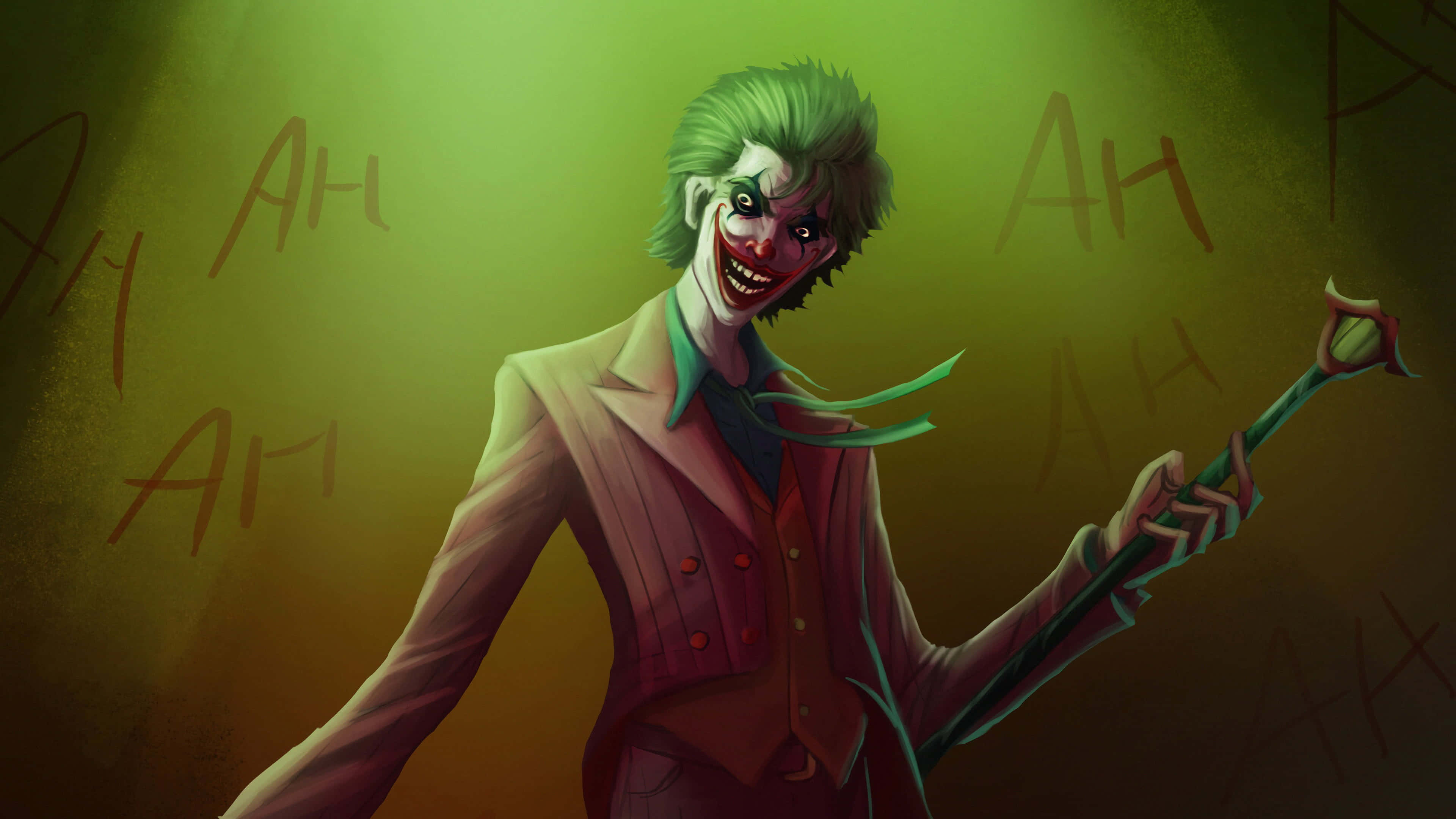 Joker Comic 桌布 壁紙 — 一個有著綠色頭髮和咧嘴笑的威脅性小丑，在發光的綠色背景前拿著手杖，背景上有'AH'塗鴉。