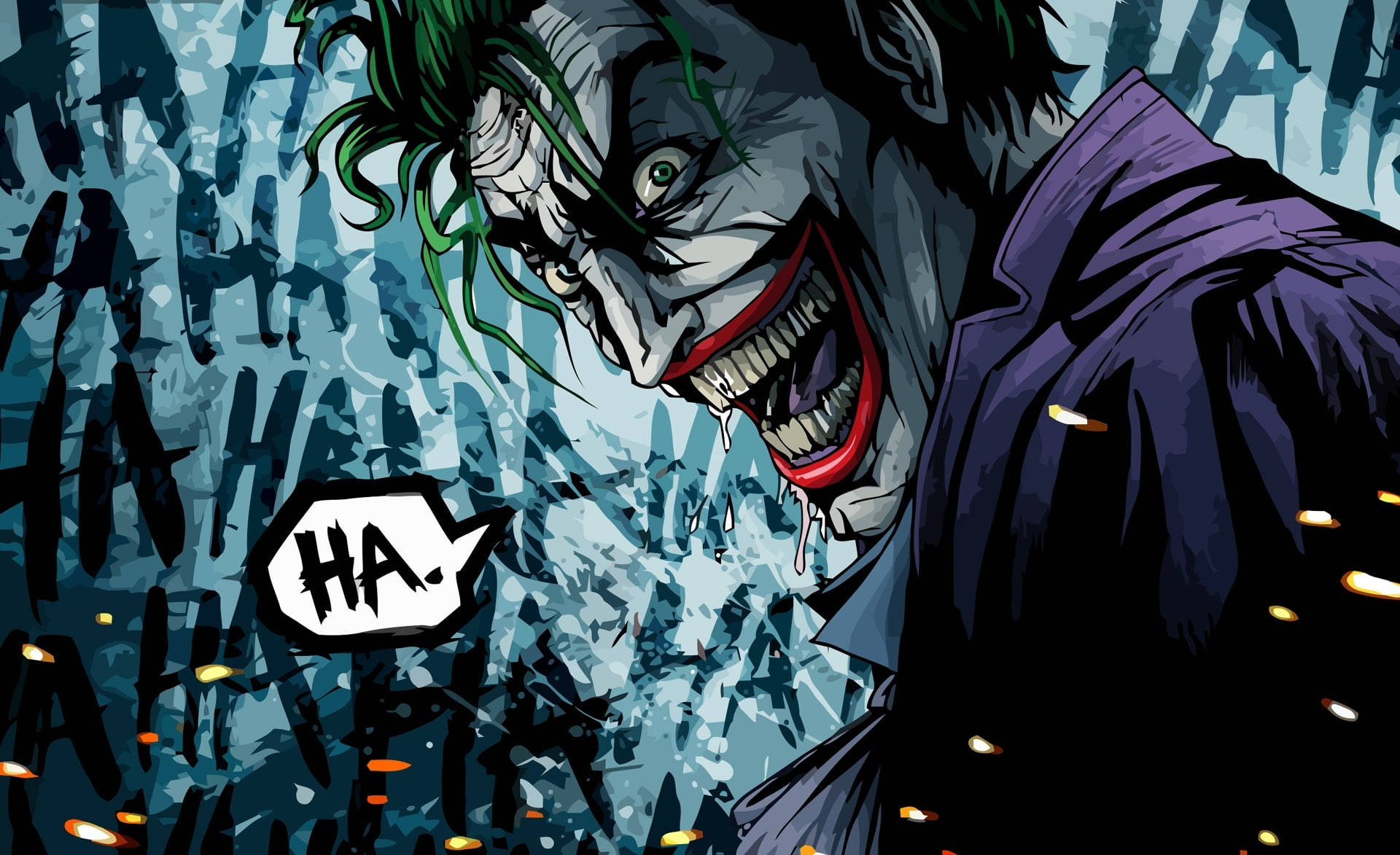 Joker Drawing 桌布 壁紙 — 一個有著綠色頭髮和紫色外套的威脅性小丑，在充滿重複「HA」文字的混亂藍色背景上狂笑。