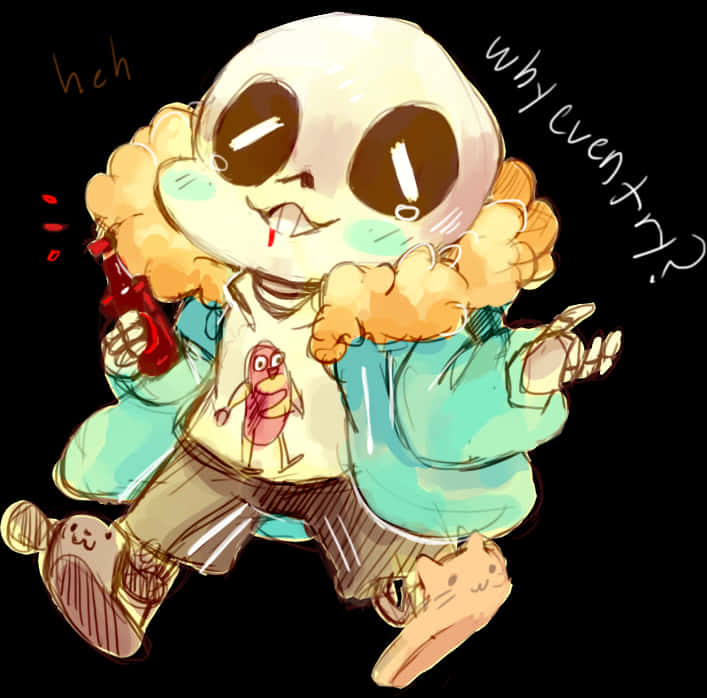 Undertale 桌布 壁紙 — 一個有蓬鬆橙色頭髮的Q版骷髏角色，在黑色背景前拿著啤酒瓶大笑。