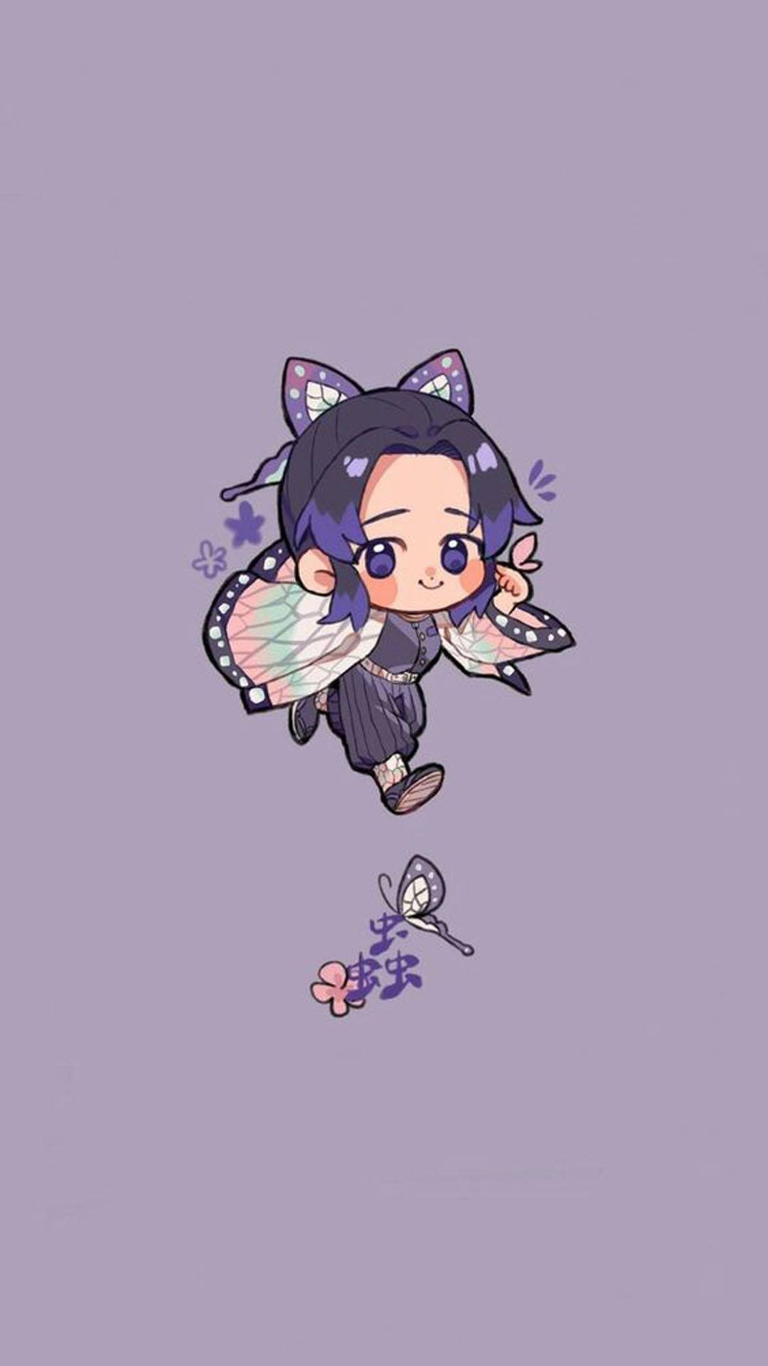 Demon Slayer Chibi 桌布 壁紙 — 一個有蝴蝶翅膀和貓耳的chibi動漫女孩在柔和的薰衣草背景上輕輕漂浮。
