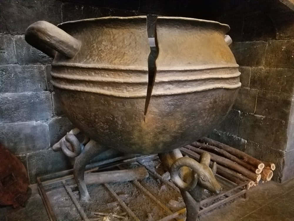The Leaky Cauldron 桌布 壁紙 — 一個有裂縫的巨大古代青銅鼎，立在昏暗石室中的石三腳架上。