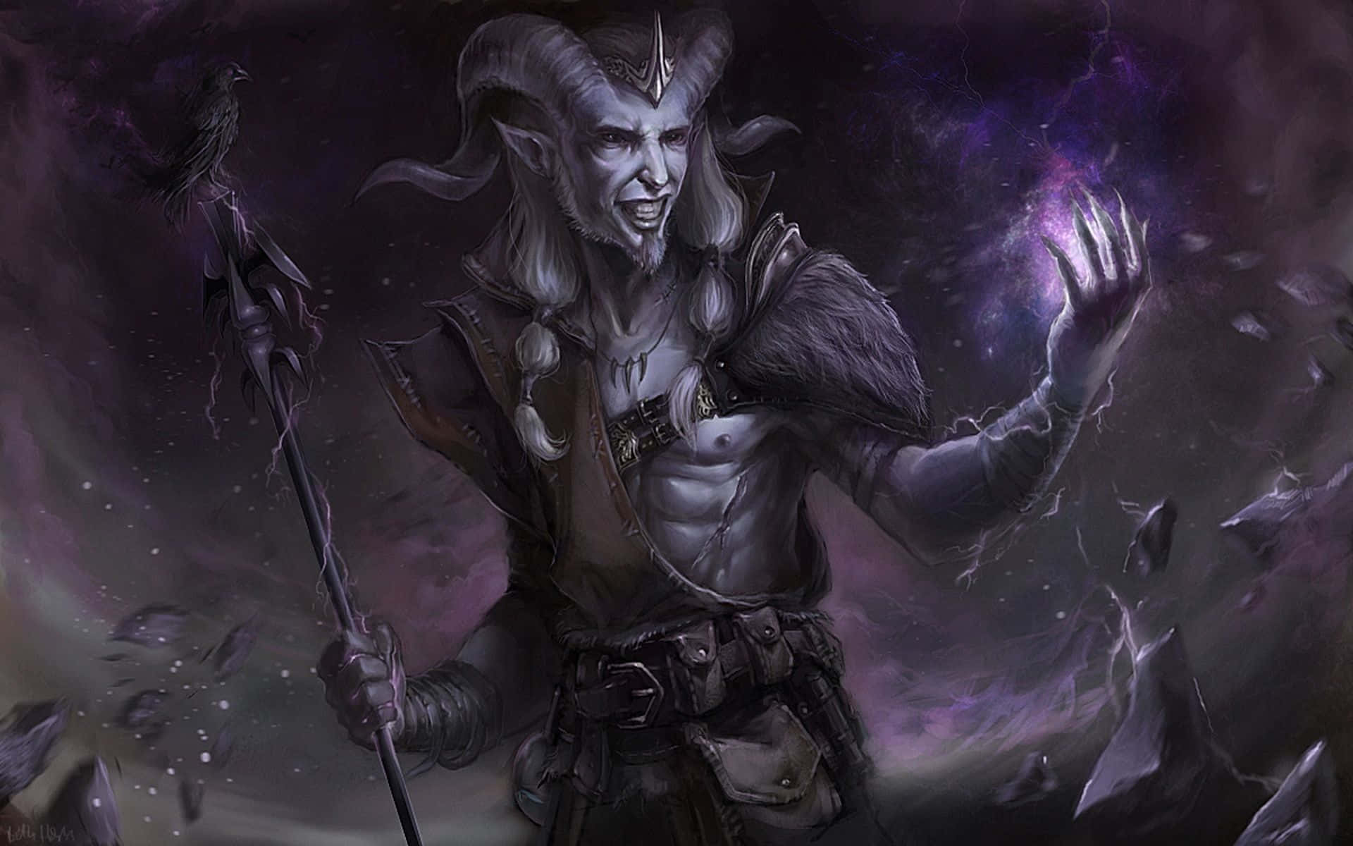 魔法動圖 桌布 壁紙 — 一個有角、眼睛發光的惡魔般人物揮舞著法杖，在宇宙風暴背景下引導紫色能量。