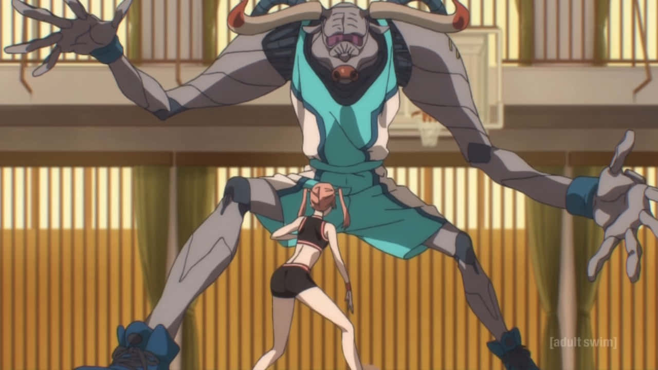Flcl 桌布 壁紙 — 一個有角、穿著青綠色服裝的巨型動漫怪物，在體育館中籠罩著一個小女孩。