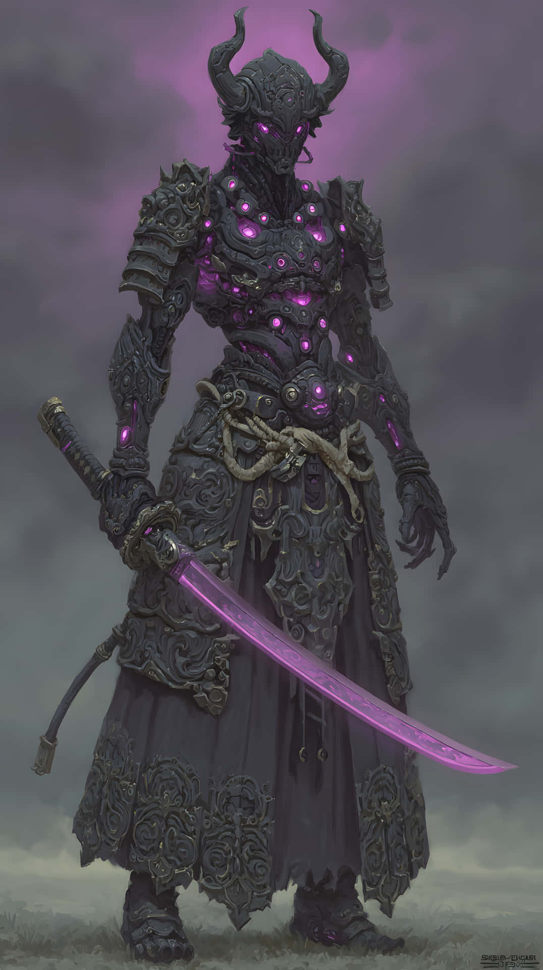 Dark fantasy demon samurai purple aura 4K 壁紙 — 一個有角、身穿盔甲的惡魔戰士，擁有發光的紫色眼睛和劍，站在暴風雨般的紫色天空下。