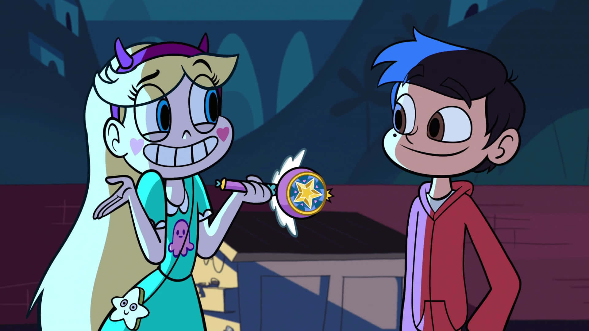 Star Vs The Forces Of Evil 桌布 壁紙 — 一個有角和星星魔杖的卡通女孩在黑暗夜空下對著一個穿紅色連帽衫的男孩微笑。