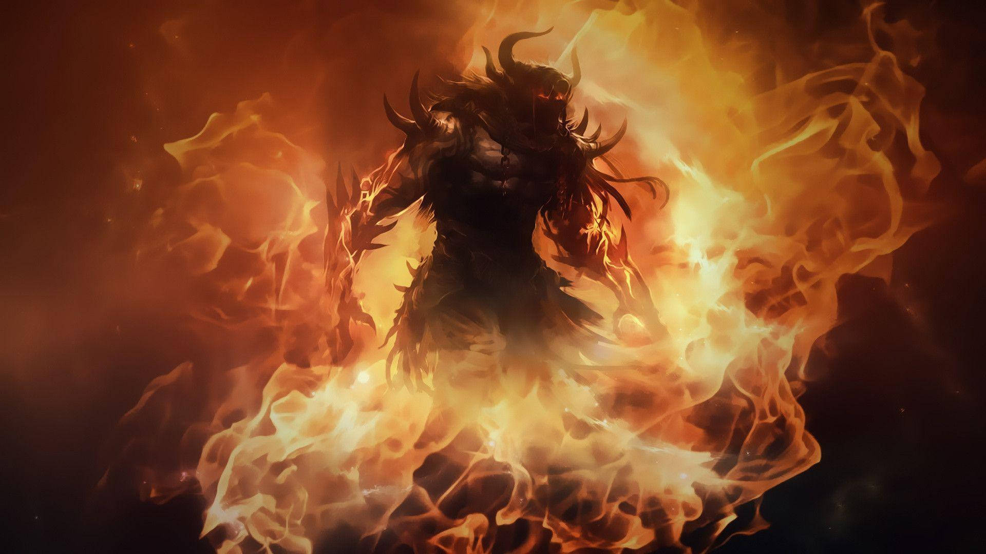 被火焰包圍的帶角火惡魔，在黑暗環境中。 — Fire Emblem Warriors 壁紙