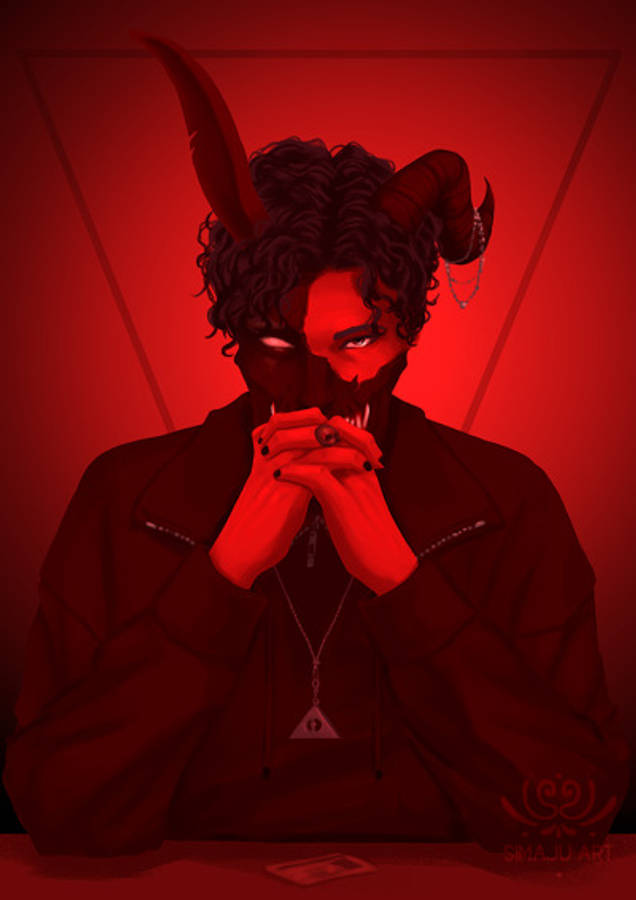 Corpse 桌布 壁紙 — 一個有角和發光眼睛的惡魔般的人物坐在紅光照亮的房間裡，雙手合十，姿勢像祈禱。