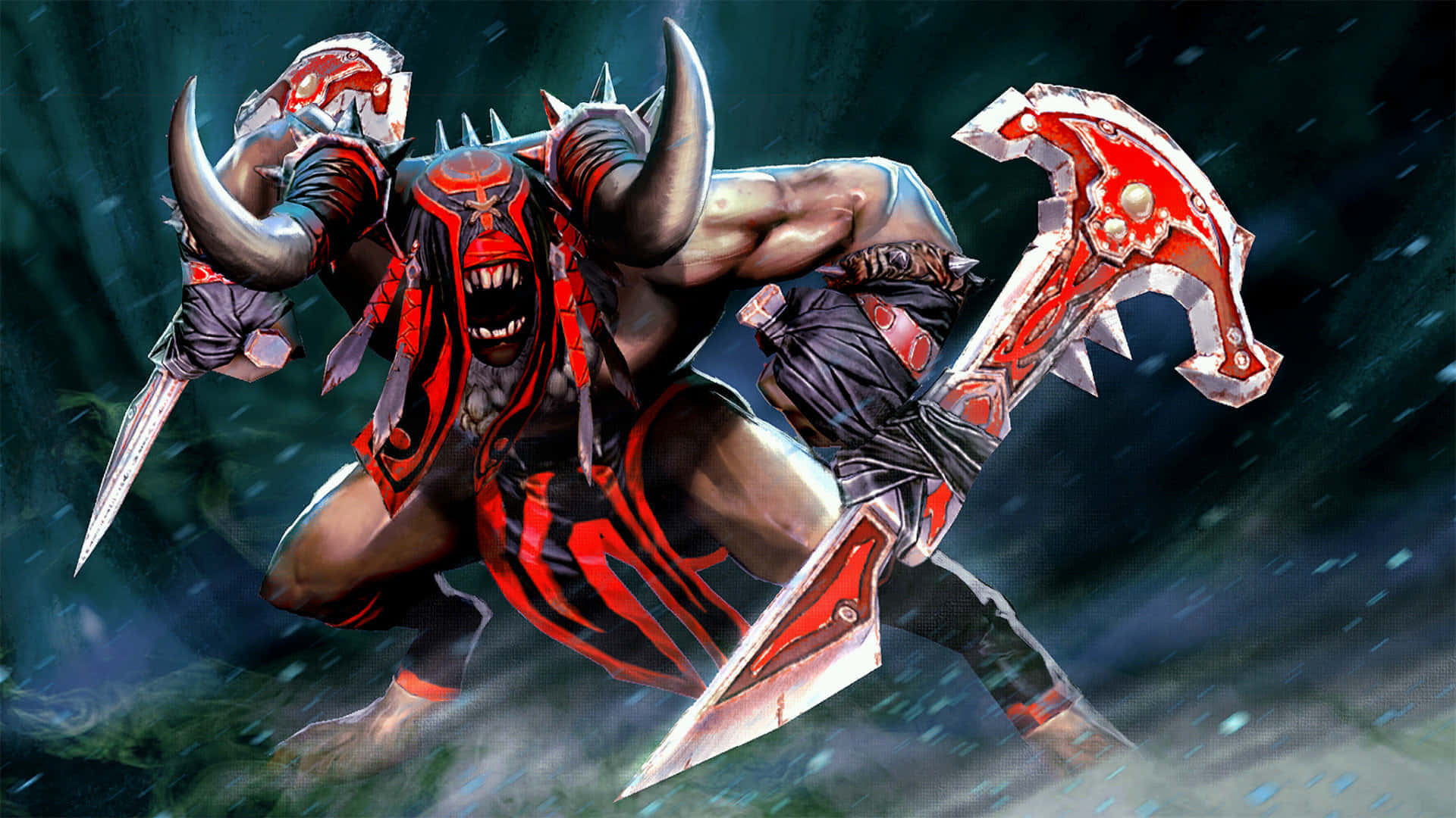 1920x1080 Dota 2 桌布 壁紙 — 一個有角和紅色盔甲的惡魔戰士在黑暗的暴風雨中揮舞著巨大的斧頭和匕首。