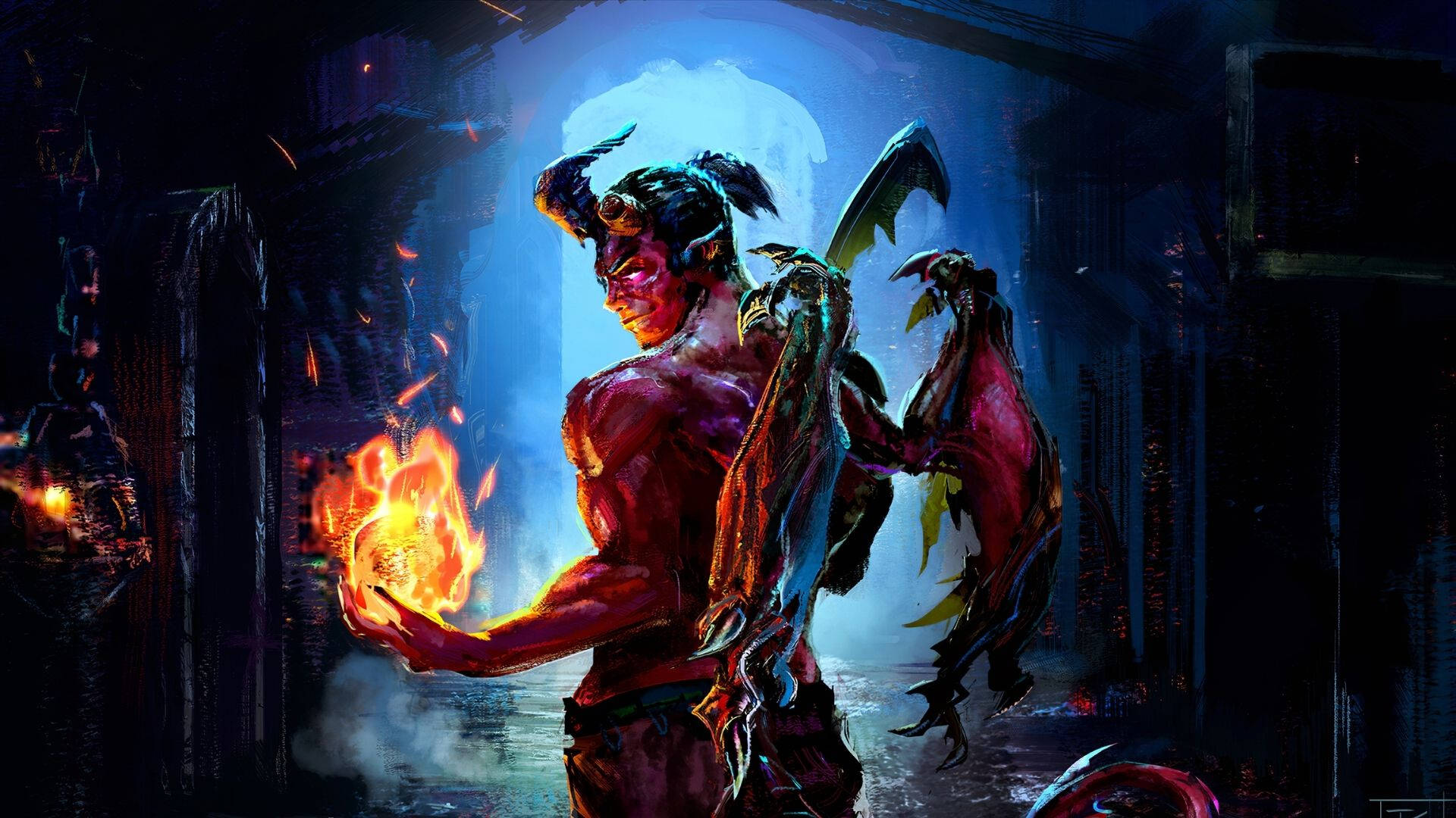 惡魔 桌布 壁紙 — 一個有角和翅膀的惡魔般的人物，在一個被藍光照亮的黑暗哥德式拱門中手持一個燃燒的球體。