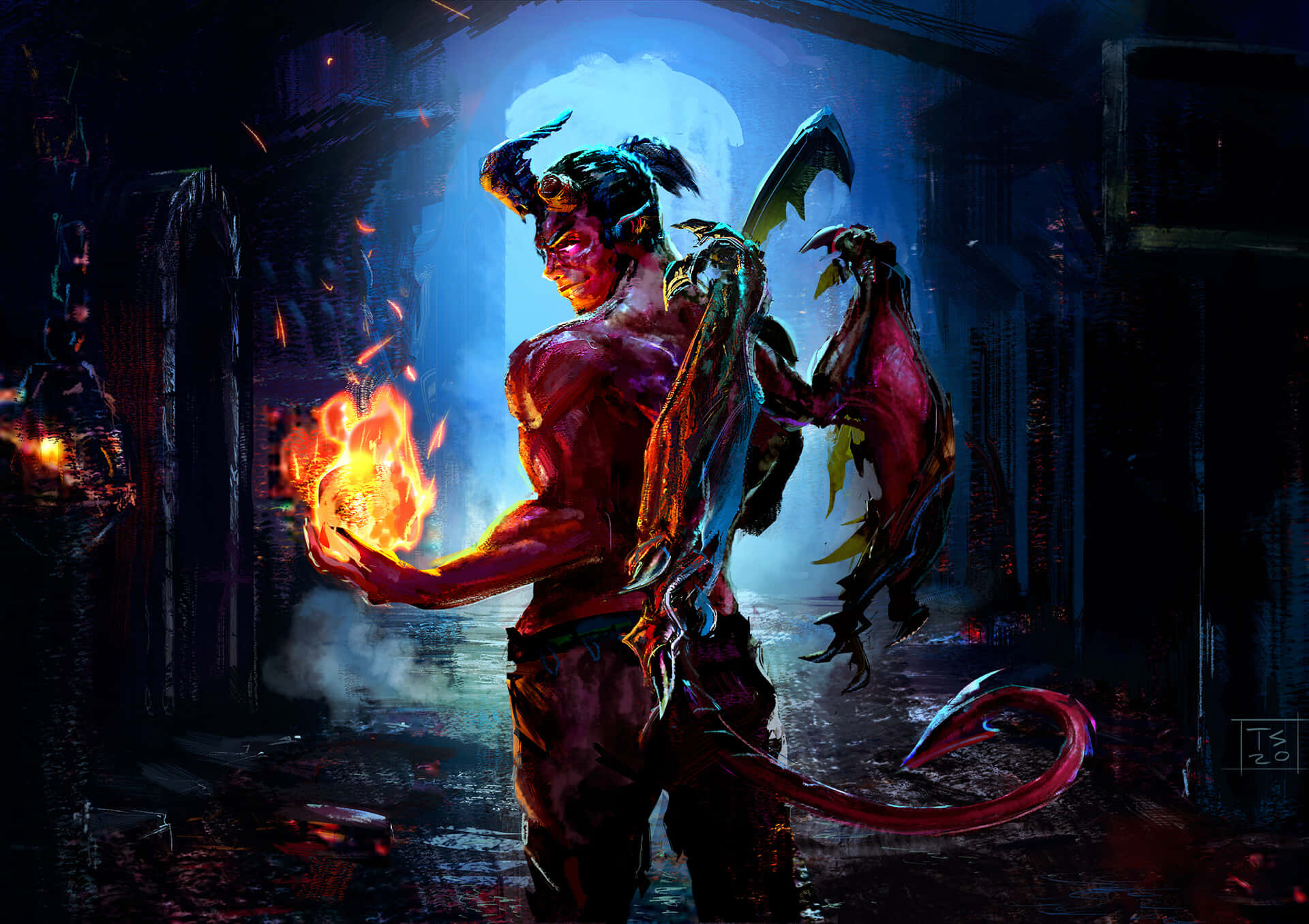 惡魔動圖 桌布 壁紙 — 一個有角和翅膀的惡魔般的人物，在一個被詭異藍光照亮的黑暗廢墟房間中手持一個燃燒的球體。