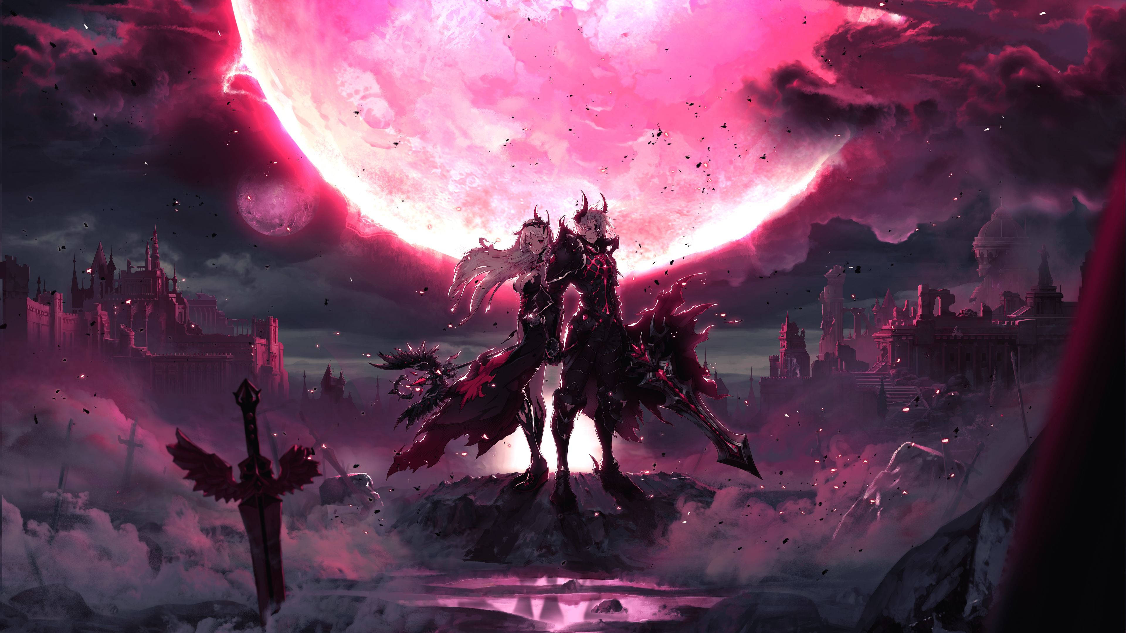 Anime Gaming 桌布 壁紙 — 一個有角和翅膀的黑暗奇幻戰士站在懸崖上，懸崖下是一個巨大的發光粉紅色月亮，月亮下是一座廢墟城市。