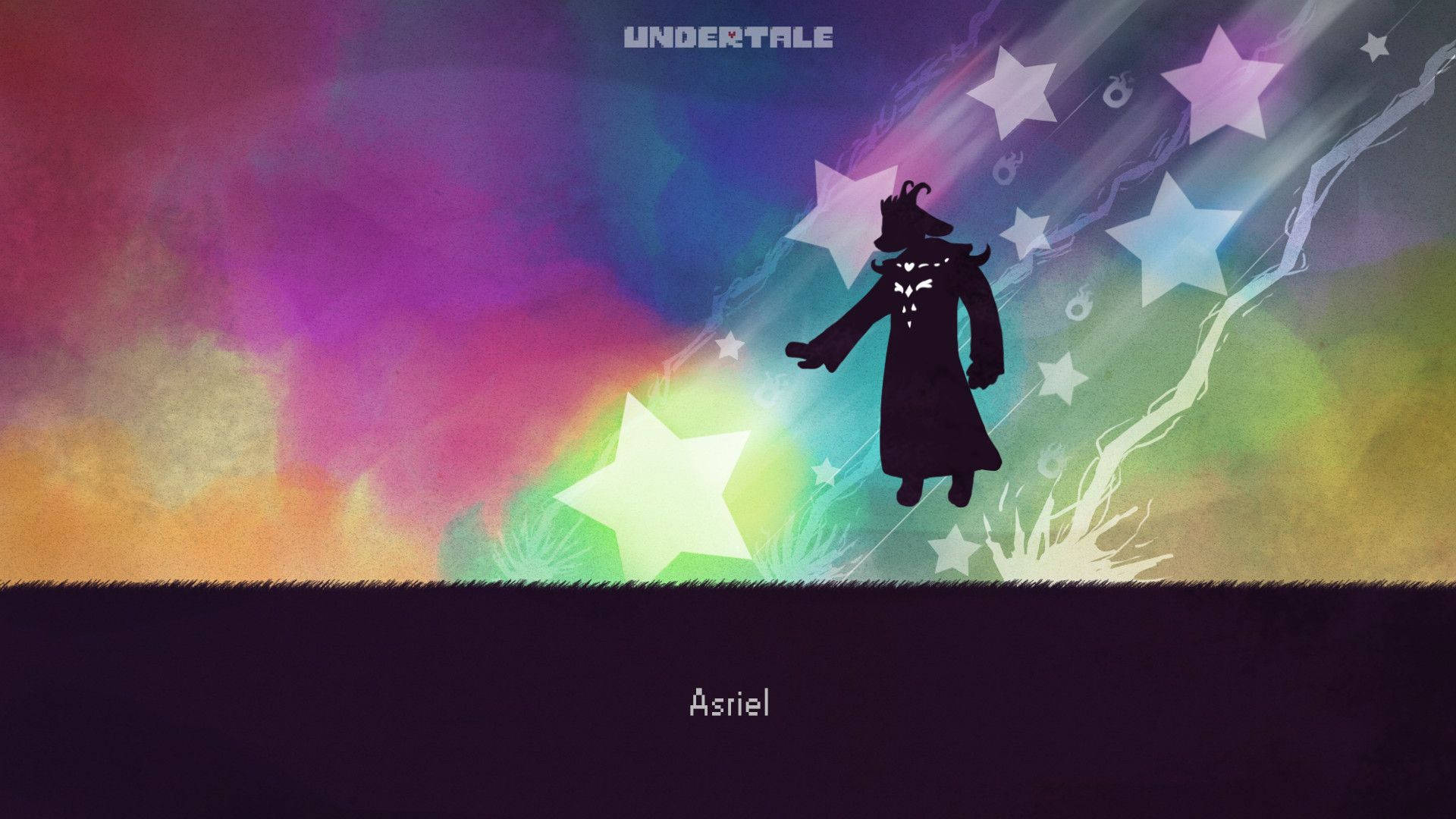 Undertale 桌布 壁紙 — 一個有角和長外套的剪影角色站在充滿閃爍星星的鮮豔彩虹天空前。