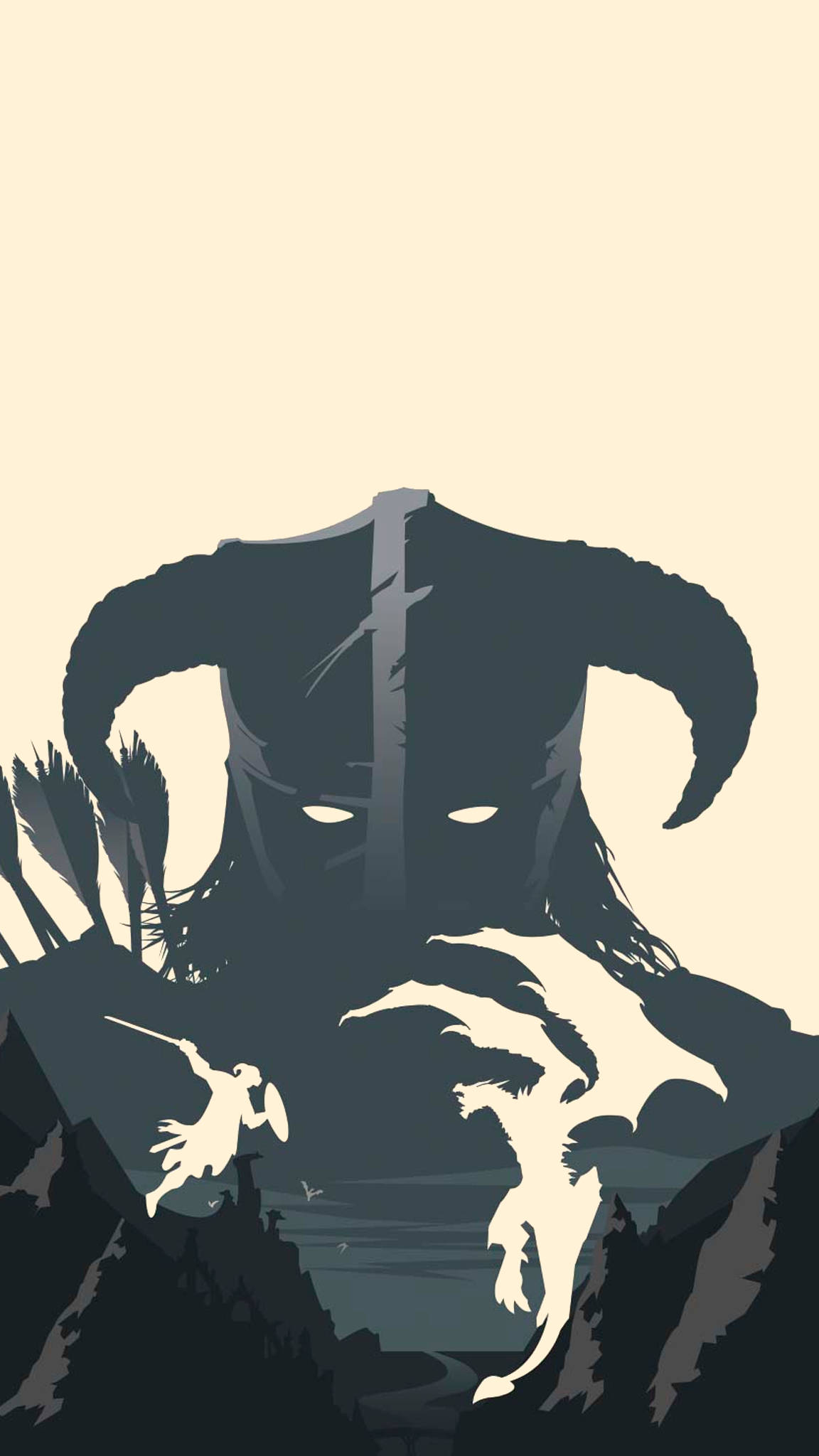 Skyrim Phone 桌布 壁紙 — 一個有角巨人的風格化剪影籠罩著一個山谷，騎士與巨龍在戲劇性的對比中交鋒。