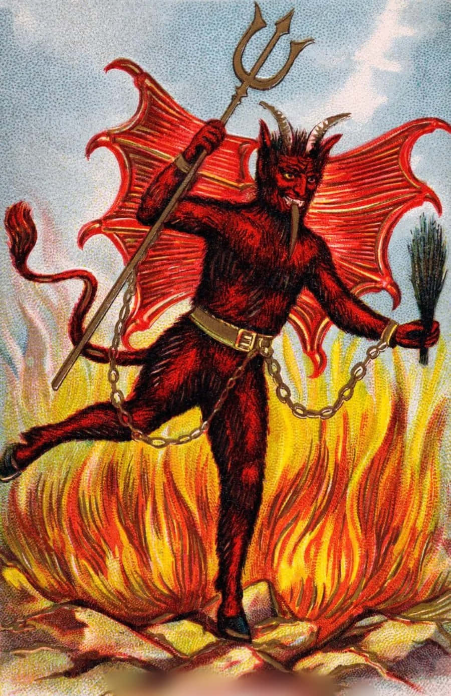 有翼和三叉戟的紅色惡魔站在火焰中。 — 撒旦 GIF 壁紙