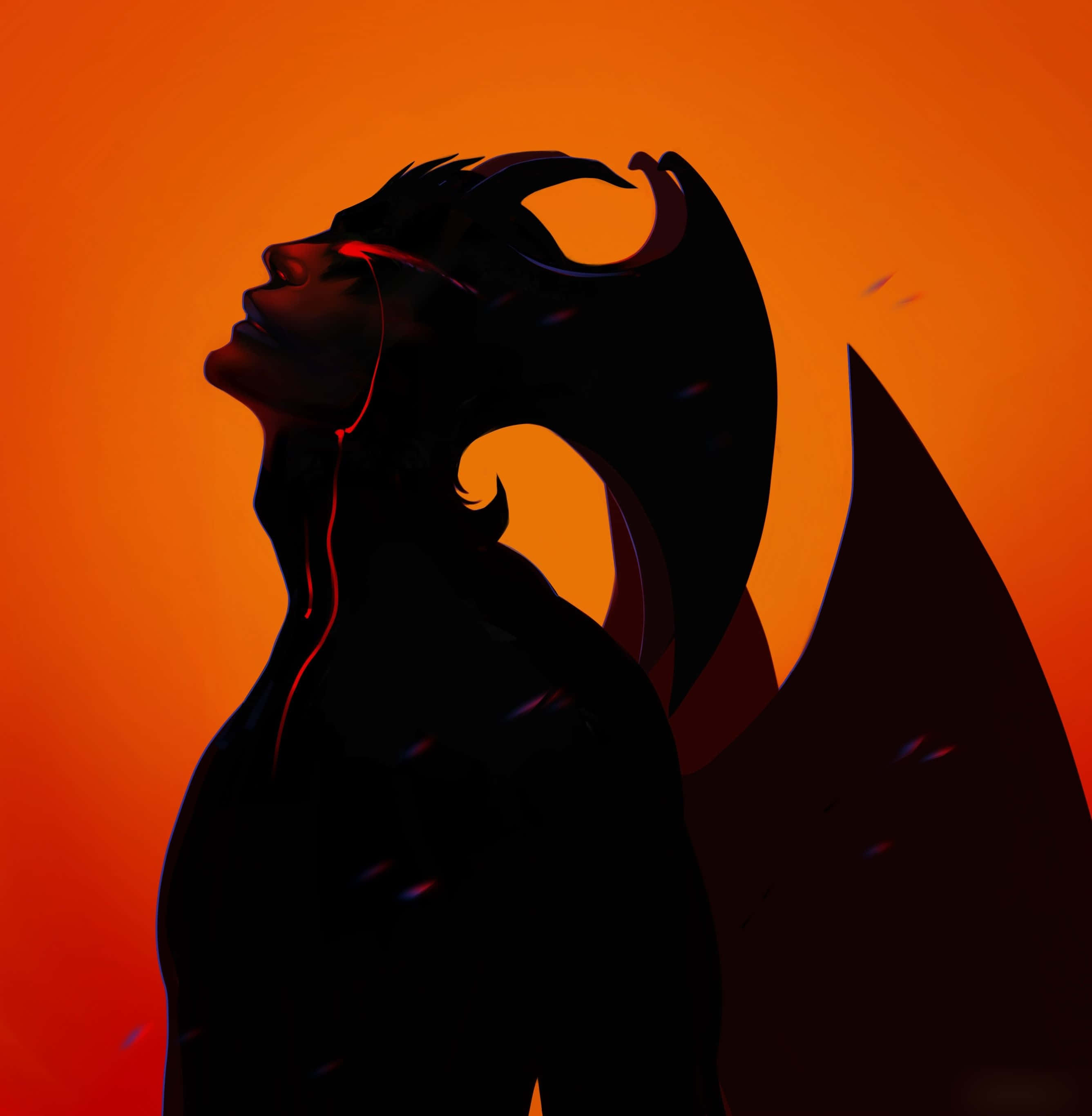 Devilman Crybaby 桌布 壁紙 — 一個有角有翼的黑暗剪影，背景是火熱的橙色，眼睛發出紅光。