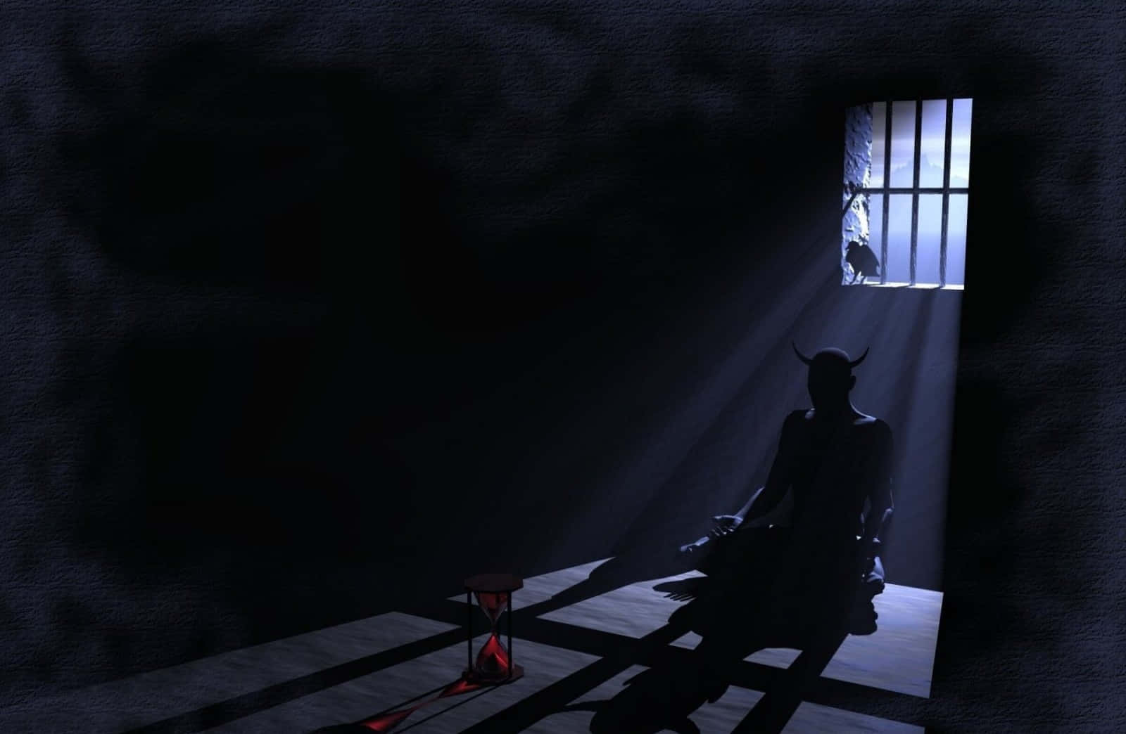Dungeon 桌布 壁紙 — 一個有角的人物坐在陰暗的禁閉中，而來自鐵窗的光束照亮了附近的沙漏。