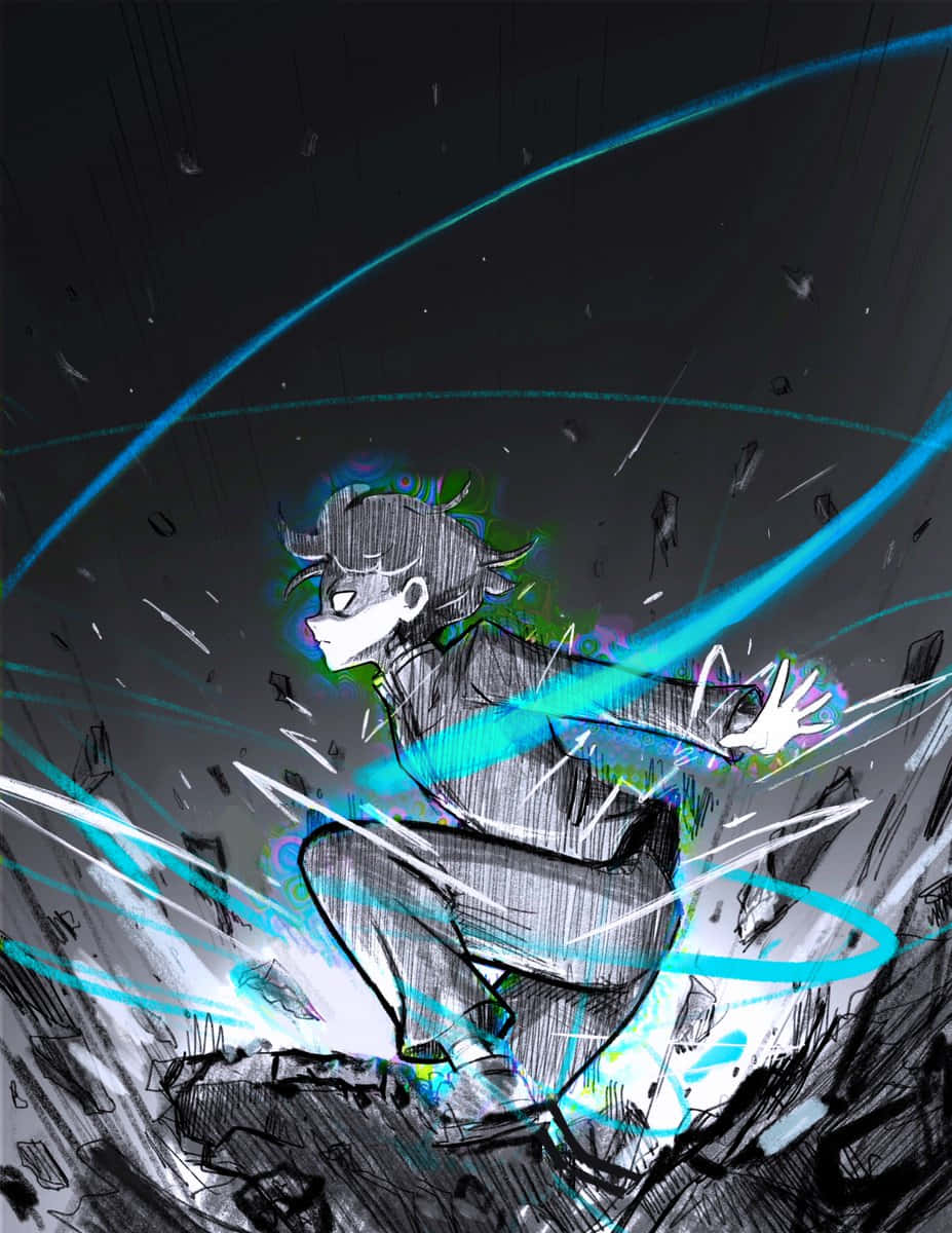 動漫 桌布 壁紙 — 一個有角的動漫角色在動態素描風格戰鬥場景中釋放出發光的藍色能量。