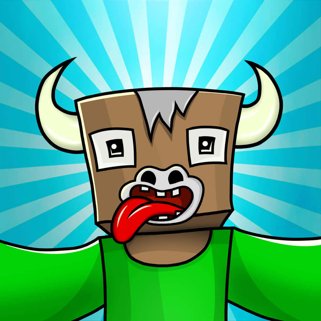 Minecraft Cow 桌布 壁紙 — 一個有角的卡通公牛角色在藍色太陽爆發背景前伸出舌頭。