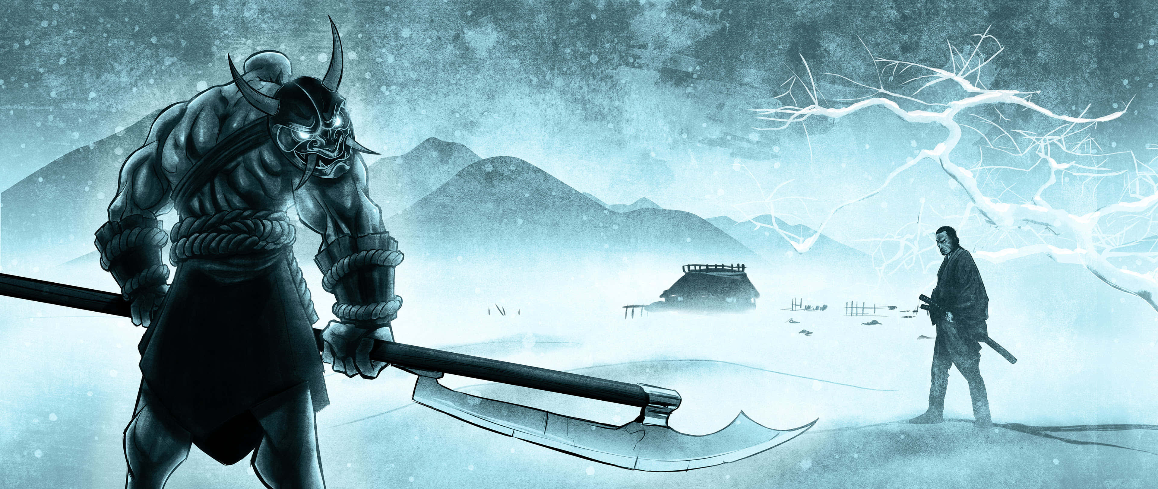 47 Ronin 桌布 壁紙 — 一個有角的惡魔戰士拿著巨大的斧頭，在暴風雨的天空下，在一個白雪覆蓋的山村中與一個孤獨的武士對峙。