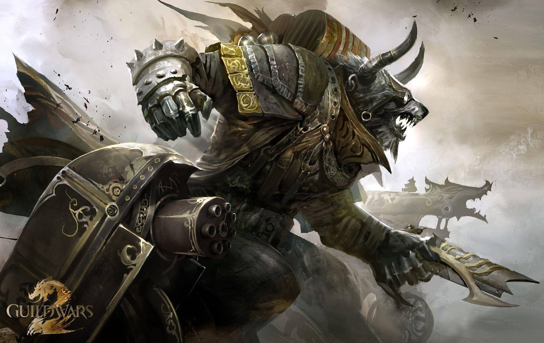 電玩遊戲 桌布 壁紙 — 一個有角的惡魔戰士身穿華麗的深色盔甲，手持帶刺武器和盾牌，在暴風雨般的灰色背景下向前衝鋒。