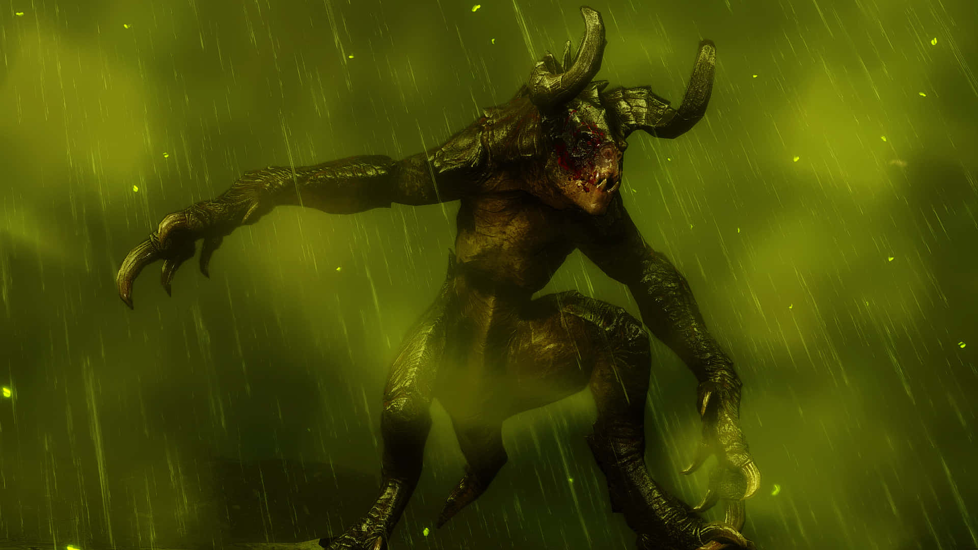 Deathclaw 桌布 壁紙 — 一個有角的惡魔生物，眼睛發光，在病態的綠色天空下，威脅性地站在傾盆大雨中。