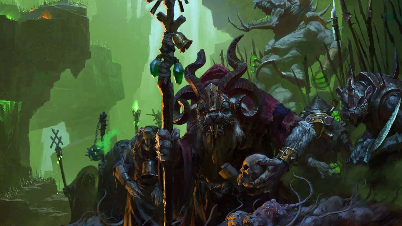 1366x768 Total War Warhammer Ii 桌布 壁紙 — 一個有角的惡魔軍閥用骷髏法杖指揮不死戰士，位於發光的綠色洞穴巢穴中。